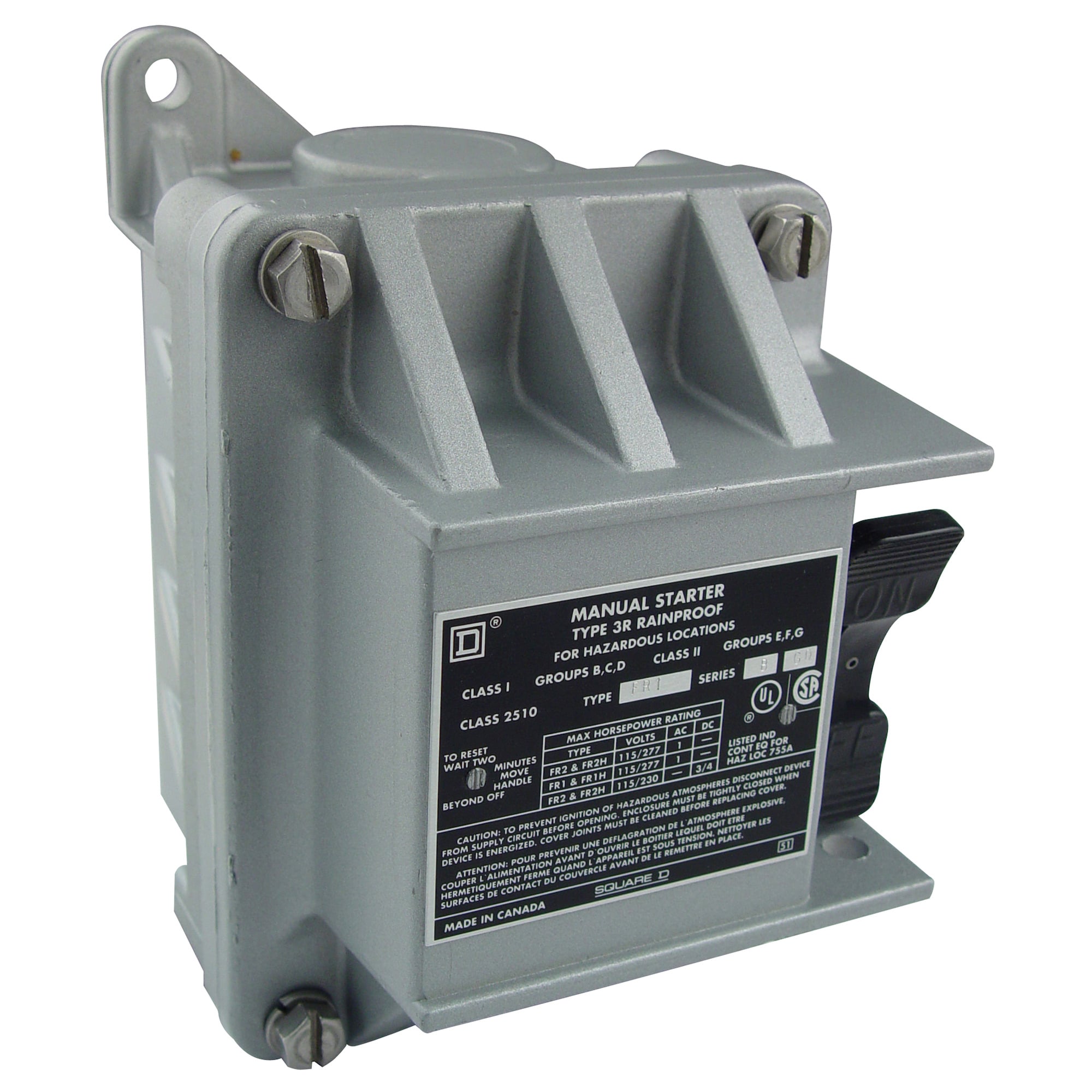 Manual Starter, fractional horsepower, 16A, 2 poles, 1 HP at 277 VAC, no indicator, NEMA 7&9, 2 conduit opening