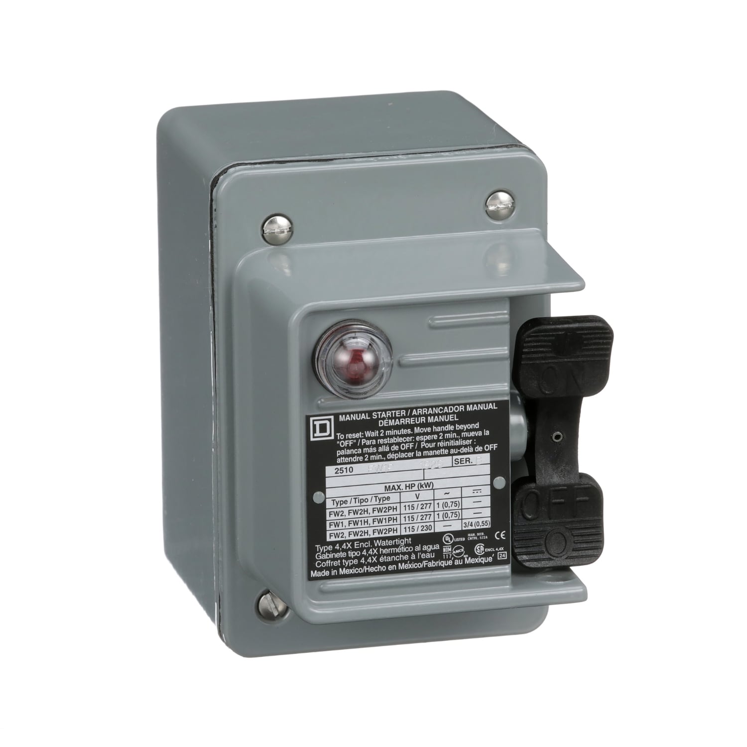 Manual Starter, fractional horsepower, 16A, 1 pole, 1 HP at 277 VAC, red indicator, NEMA 4 enclosure, 1 conduit opening