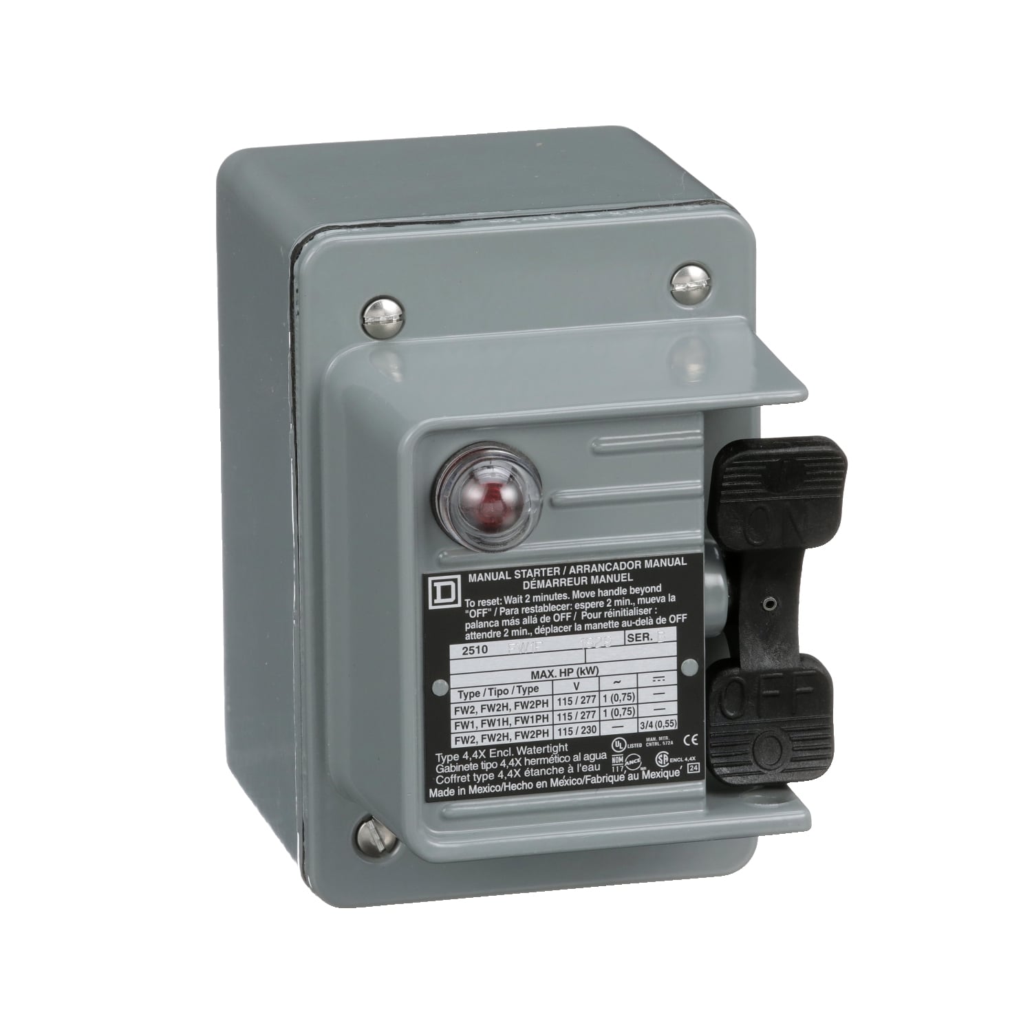 Manual Starter, fractional horsepower, 16A, 2 poles, 1 HP at 277 VAC, red indicator, NEMA 4 enclosure, 2 conduit opening