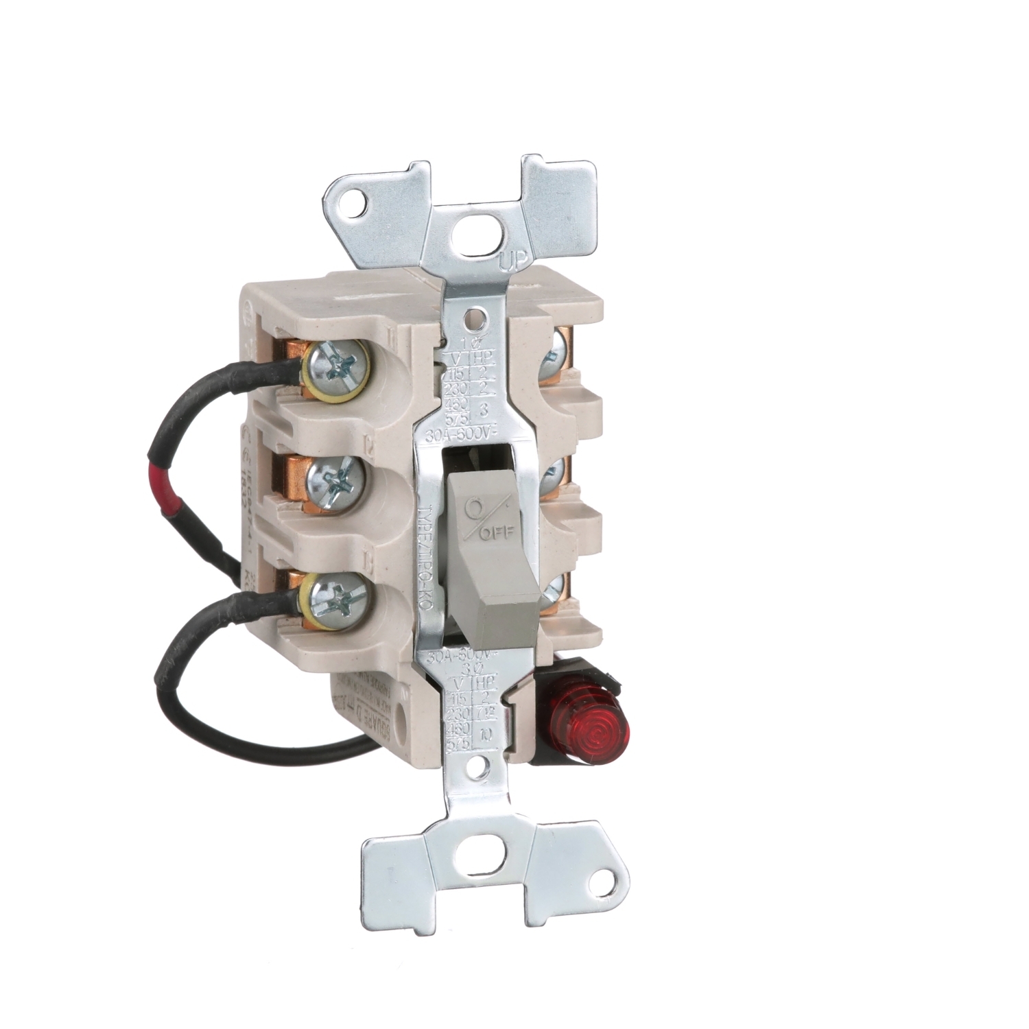 Switch, manual, 30A, 3 pole, 10 HP at 575 VAC, three phase, toggle operated, red 440/600 VAC indicator, open style