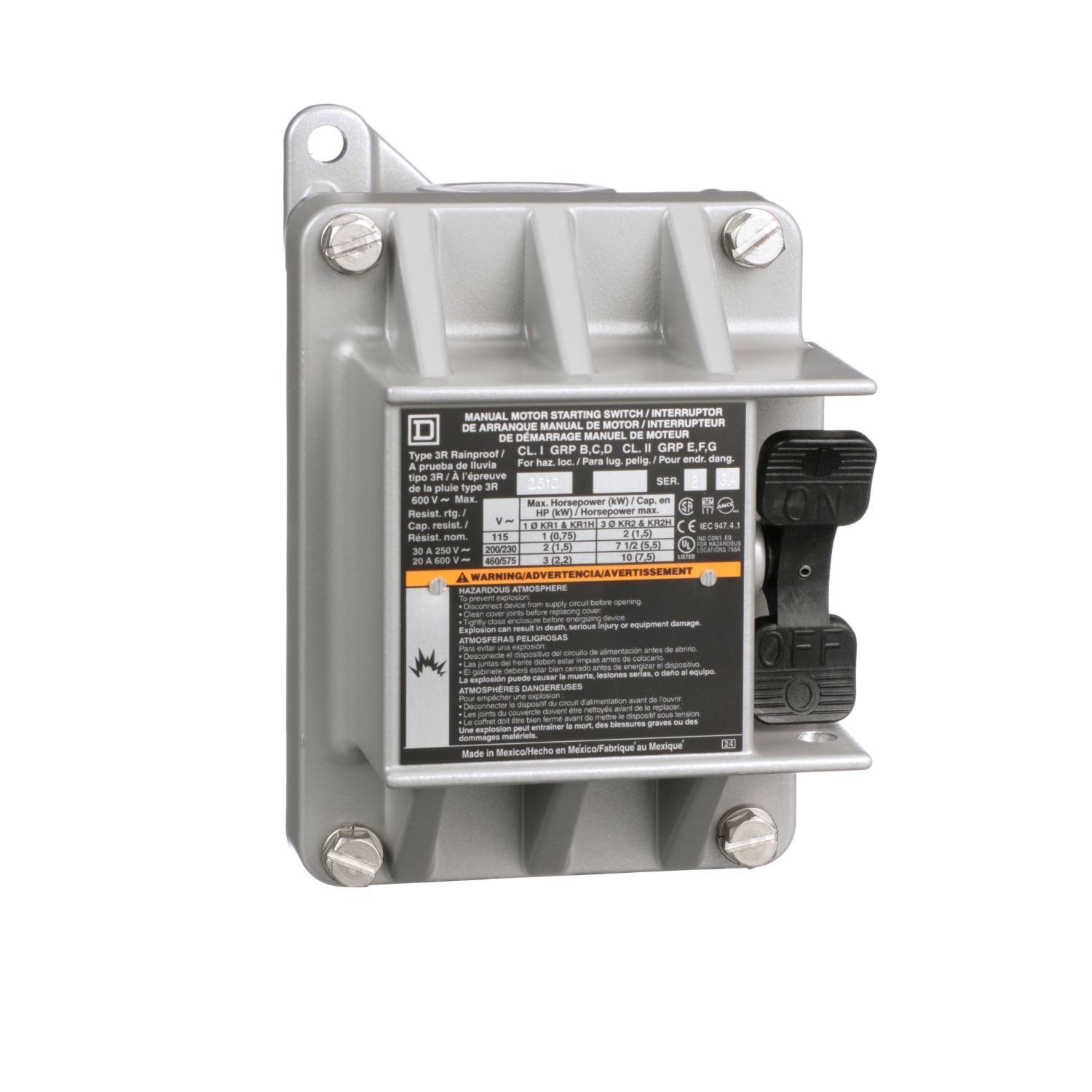 Switch, manual, 20A, 2 pole, 3 HP at 575 VAC, single phase, toggle operated, no indicator, NEMA 7&9, one conduit opening