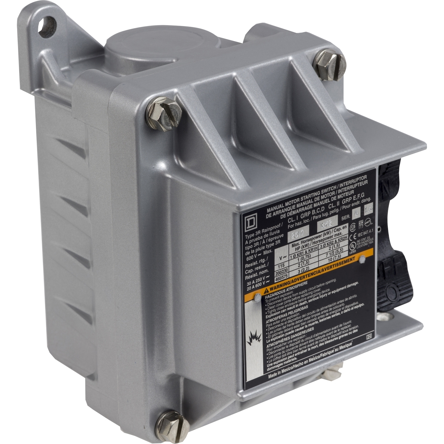Switch, manual, 20A, 2 pole, 3 HP at 575 VAC, single phase, toggle operated, no indicator, NEMA 7&9, two conduit opening