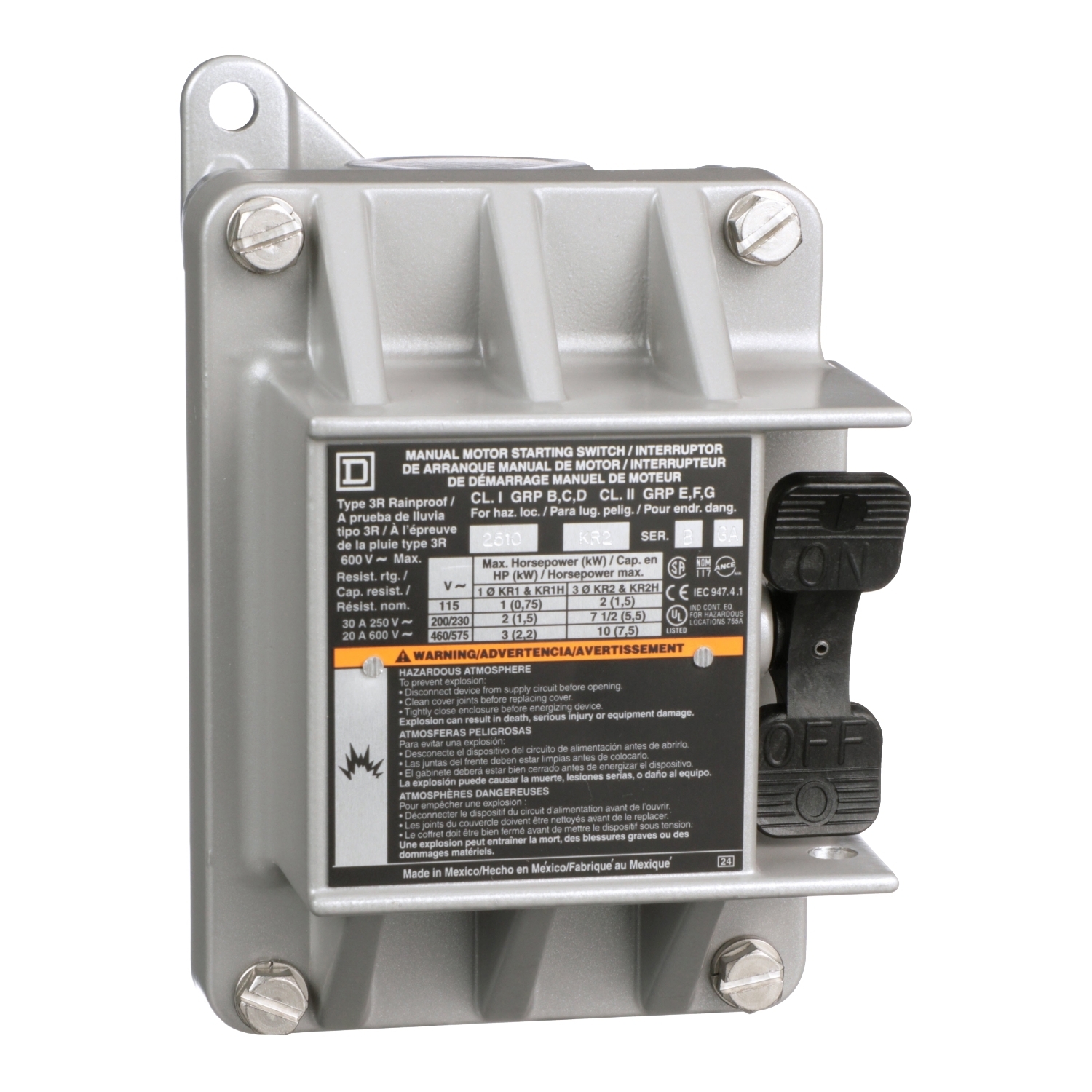 Switch, manual, 30A, 3 pole, 10 HP at 575 VAC, three phase, toggle operated, no indicator, NEMA 7/9, one conduit opening