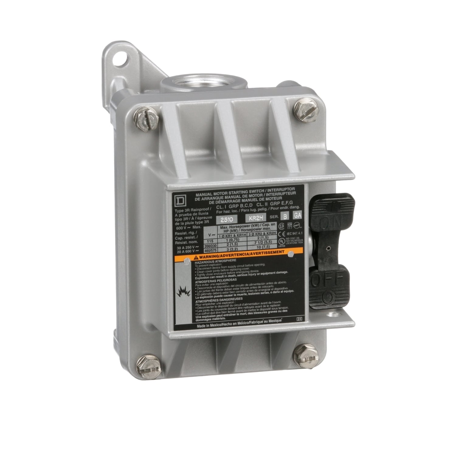 Switch, manual, 30A, 3 pole, 10 HP at 575 VAC, three phase, toggle operated, no indicator, NEMA 7/9, two conduit opening