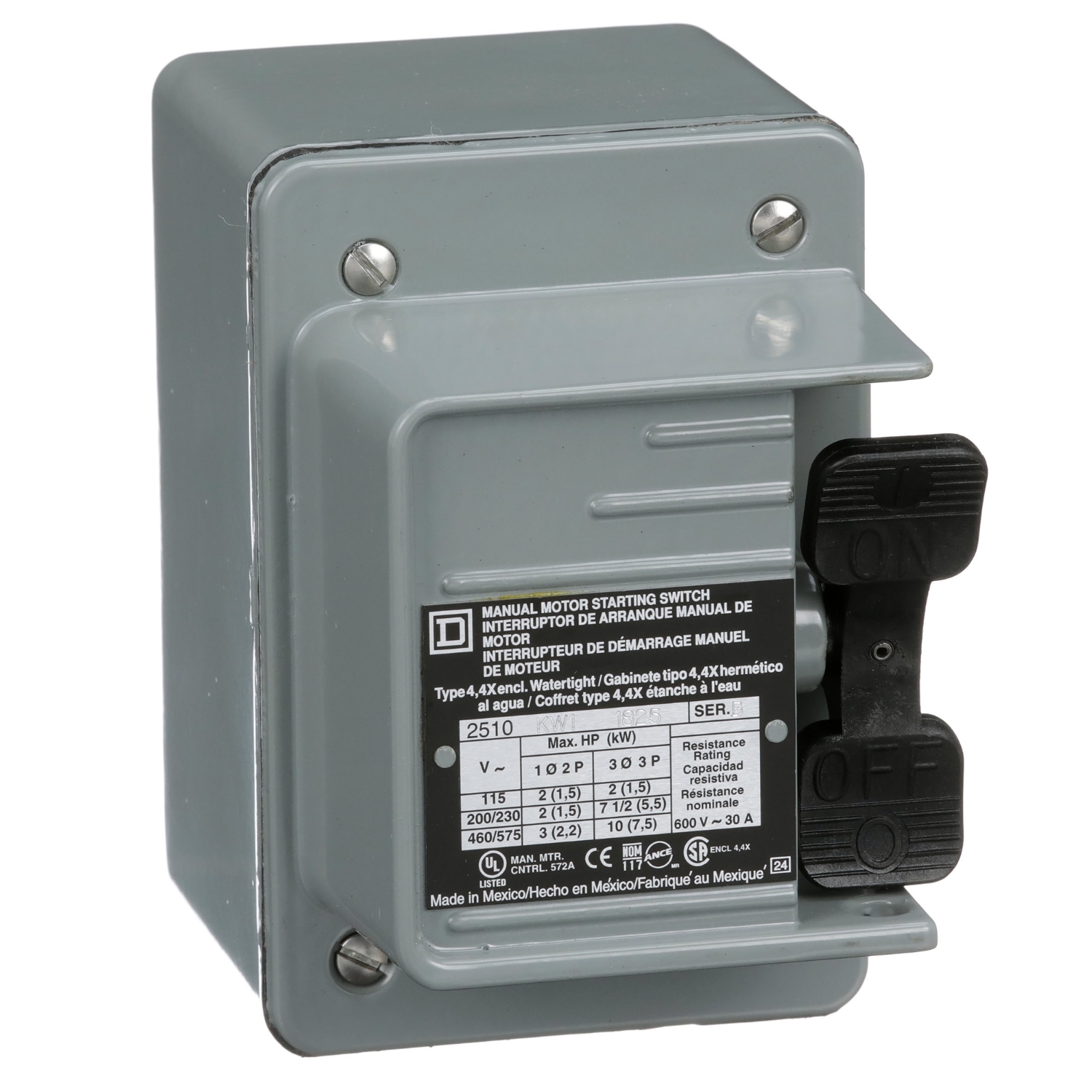 Switch, manual, 30A, 2 pole, 3 HP at 575 VAC, single phase, toggle operated, no indicator, NEMA 4 one conduit opening