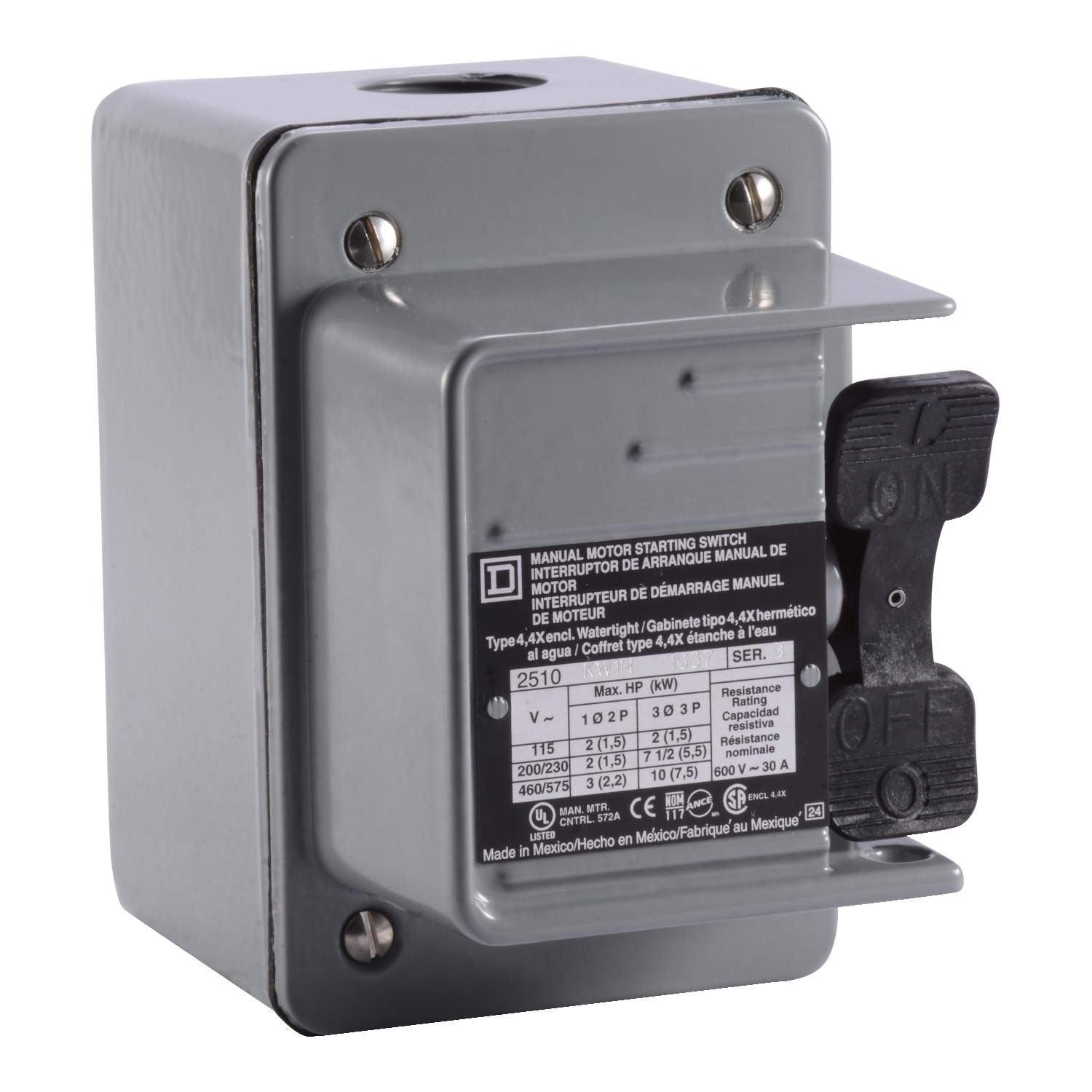 Switch, manual, 30A, 2 pole, 3 HP at 575 VAC, single phase, toggle operated, red 115 VAC indicator, NEMA 4, two conduit