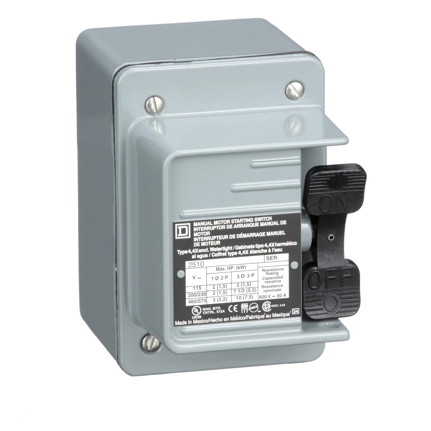 Switch, manual, 30A, 3 pole, 10 HP at 575 VAC, three phase, toggle operated, no indicator, NEMA 4, one conduit opening