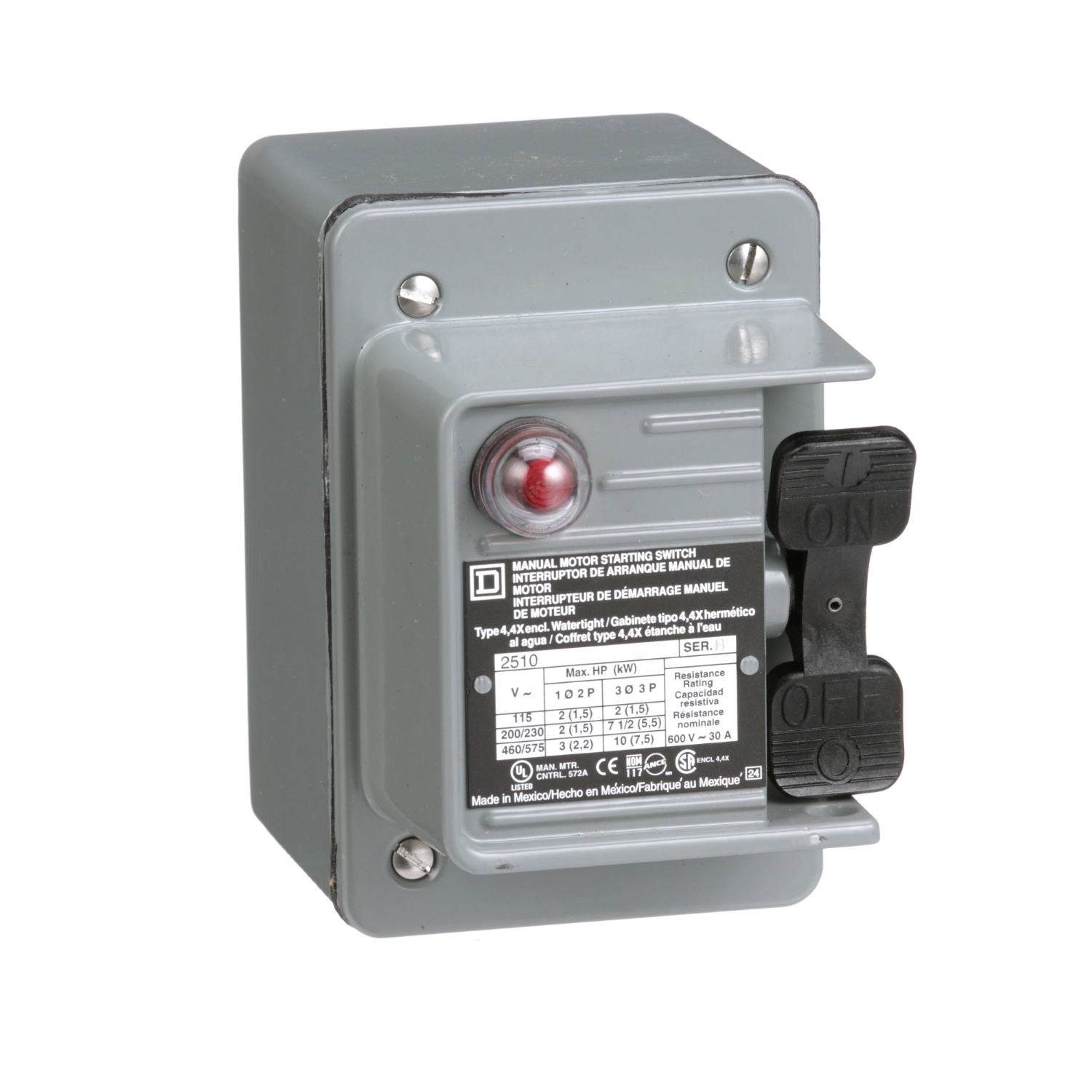 Switch, manual, 30A, 3 pole, 10 HP at 575 VAC, three phase, toggle operated, red 208/277 VAC indicator, NEMA 4 enclosure