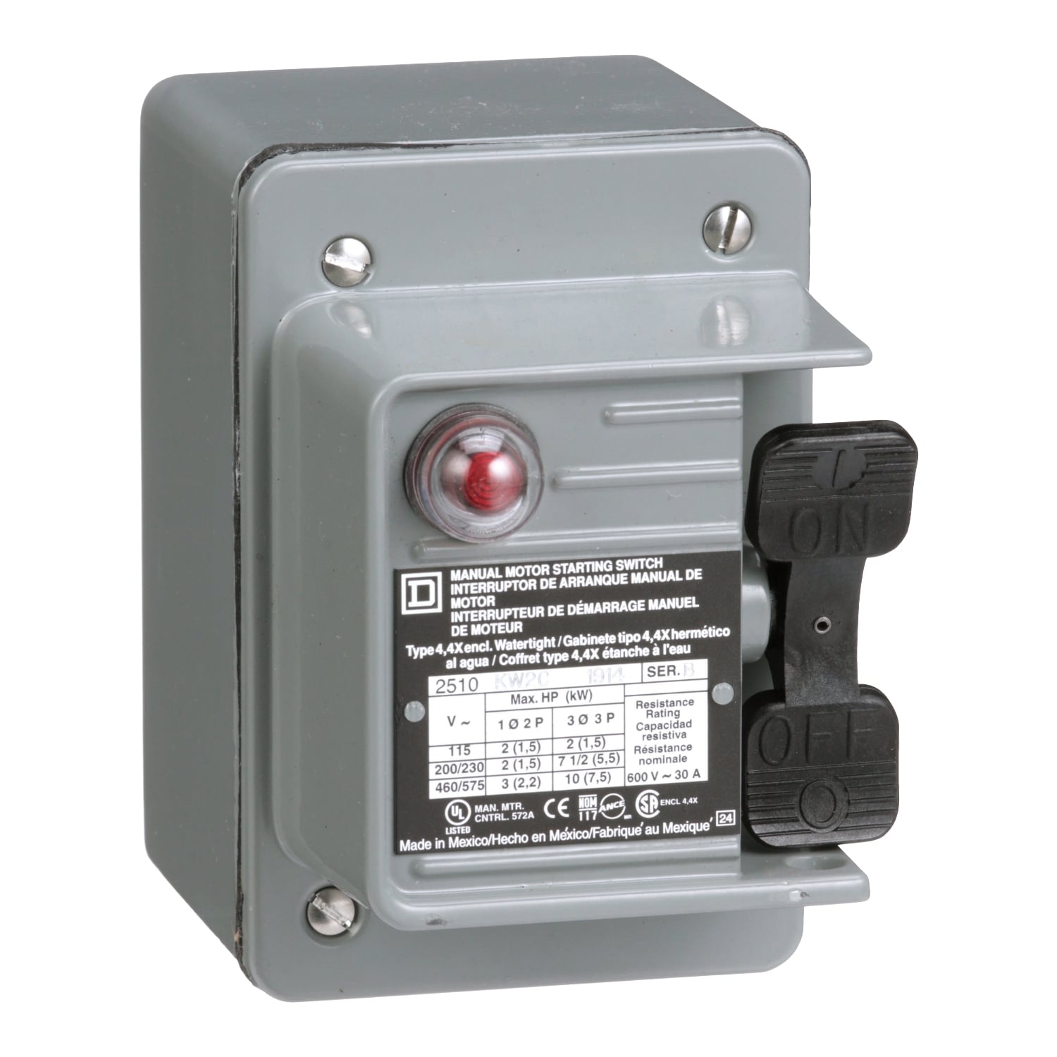 Switch, manual, 30A, 3 pole, 10 HP at 575 VAC, three phase, toggle operated, red 440/600 VAC indicator, NEMA 4 enclosure
