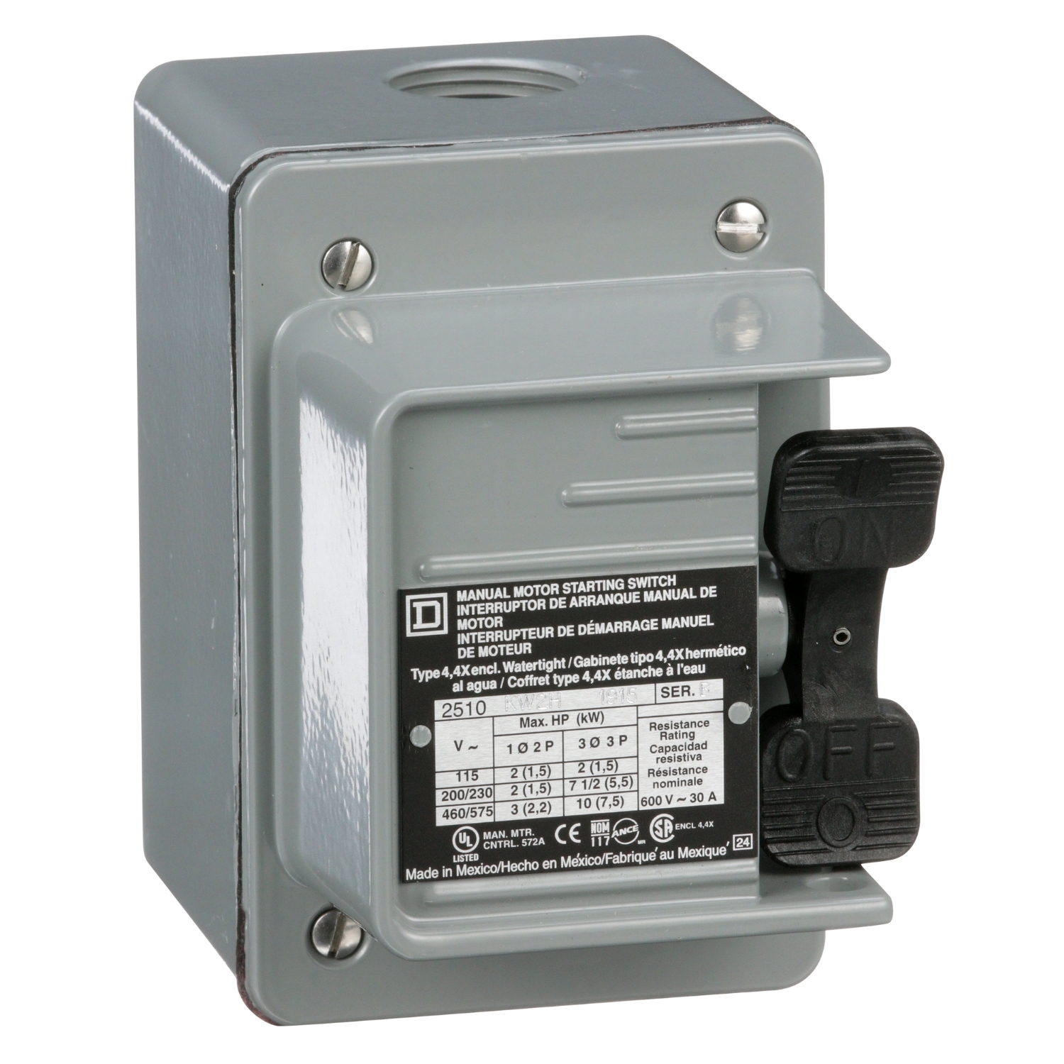 Switch, manual, 30A, 3 pole, 10 HP at 575 VAC, three phase, toggle operated, no indicator, NEMA 4, two conduit opening