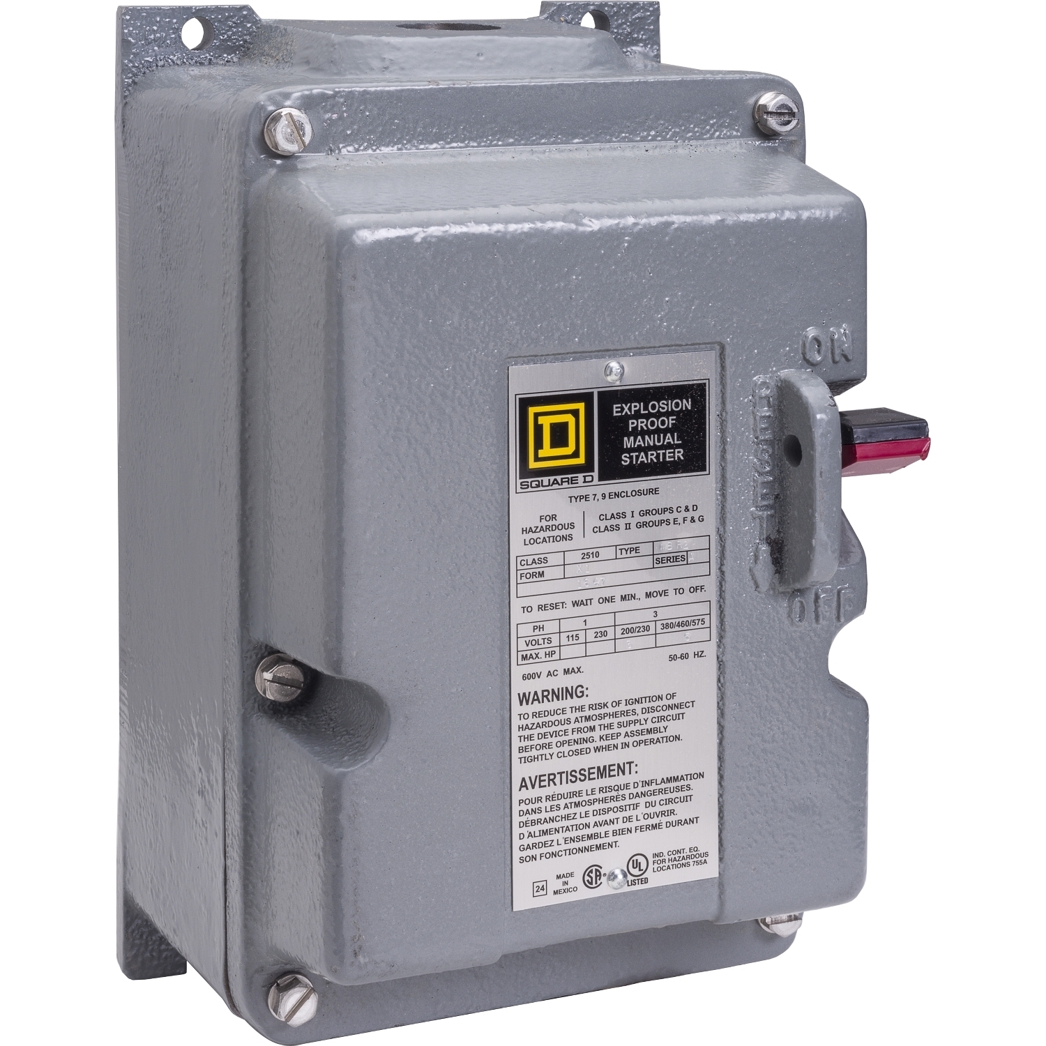 Manual starter, integral horsepower, NEMA M0, 600VAC, 3 pole, 5HP at 380/575VAC, 3 phase, no indicator, NEMA 7/9