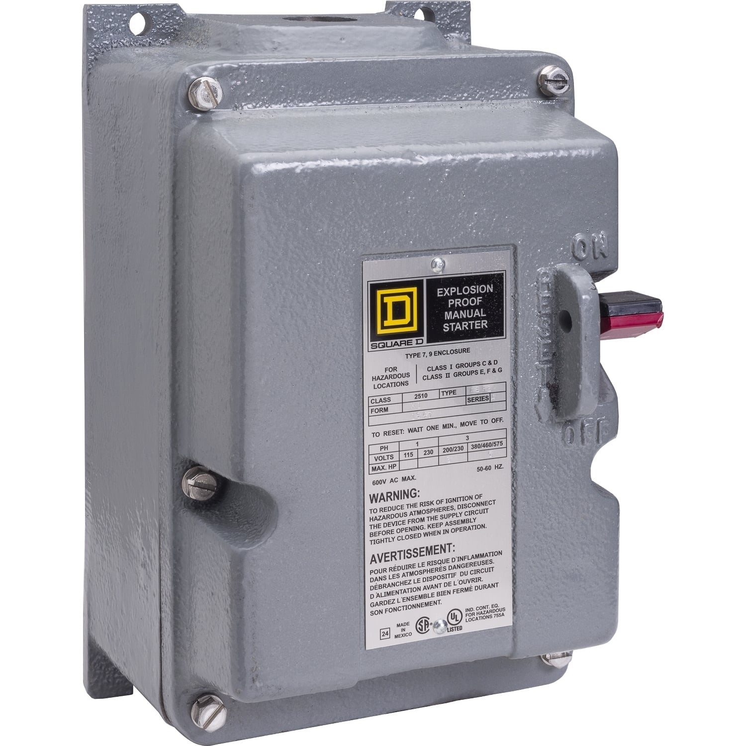 Manual starter, integral horsepower, NEMA M1, 600VAC, 3 pole, 10HP at 380/575VAC, 3 phase, no indicator, NEMA 7/9