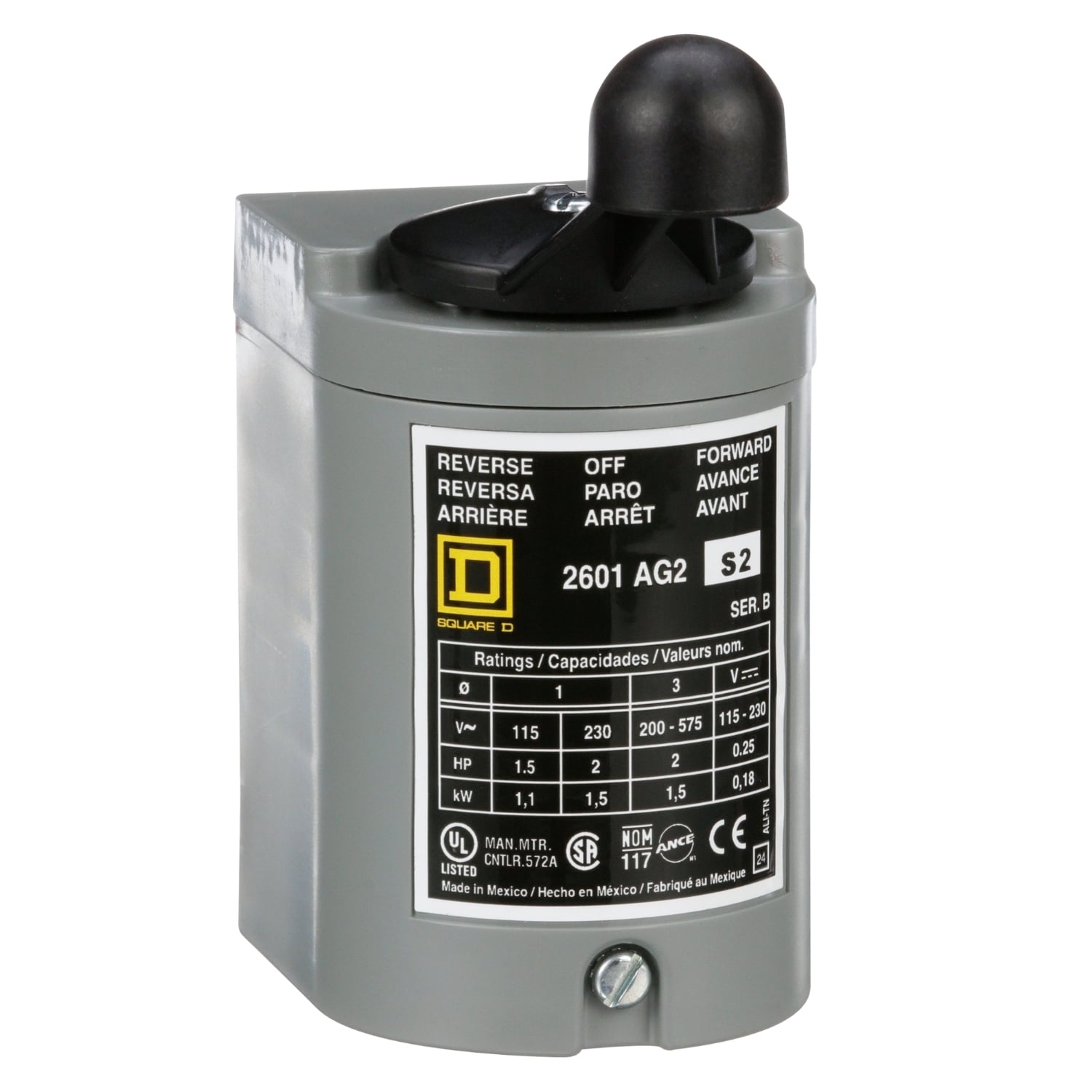 Switch, reversing drum, 2 HP at 230 VAC single phase, 2 HP at 575 VAC polyphase, handle operated, NEMA 1 enclosure