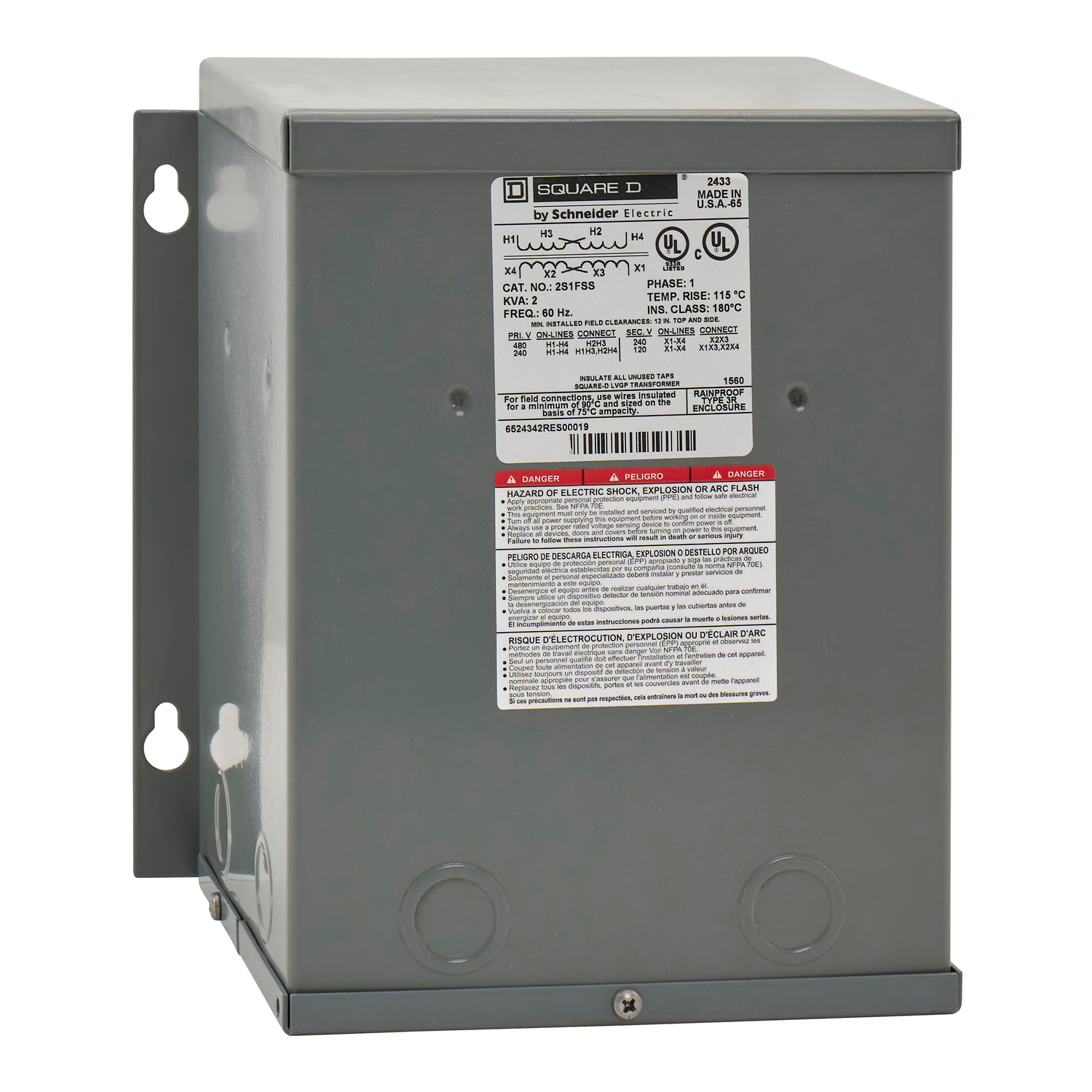 Transformer, dry type, encapsulated, 2kVA, 1 phase, 240x480V primary, 120/240V secondary, 9A, 115C rise [TAA]