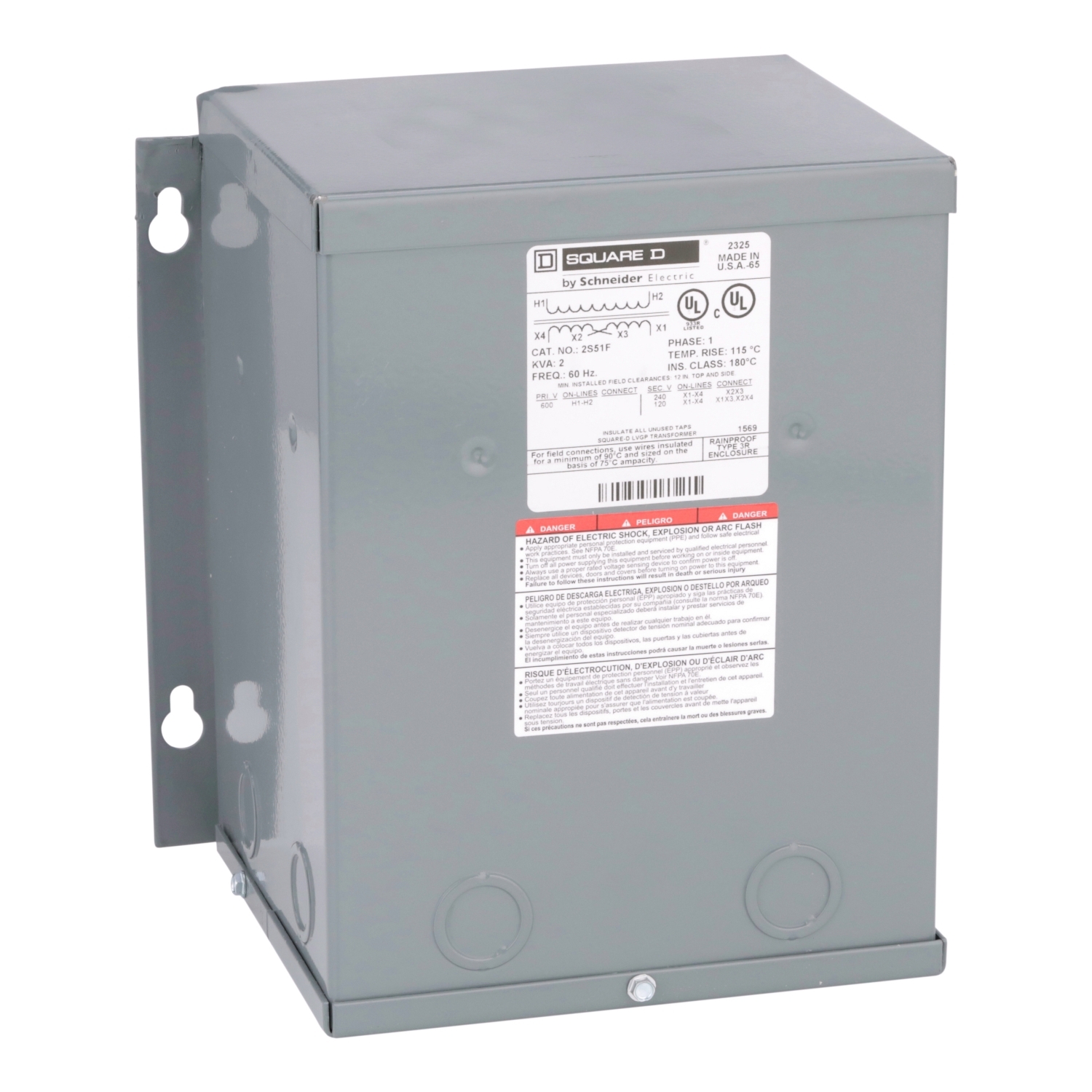 Transformer, dry type, encapsulated, 2kVA, 1 phase, 600V primary, 120/240V secondary, 9A, 115C rise [TAA]
