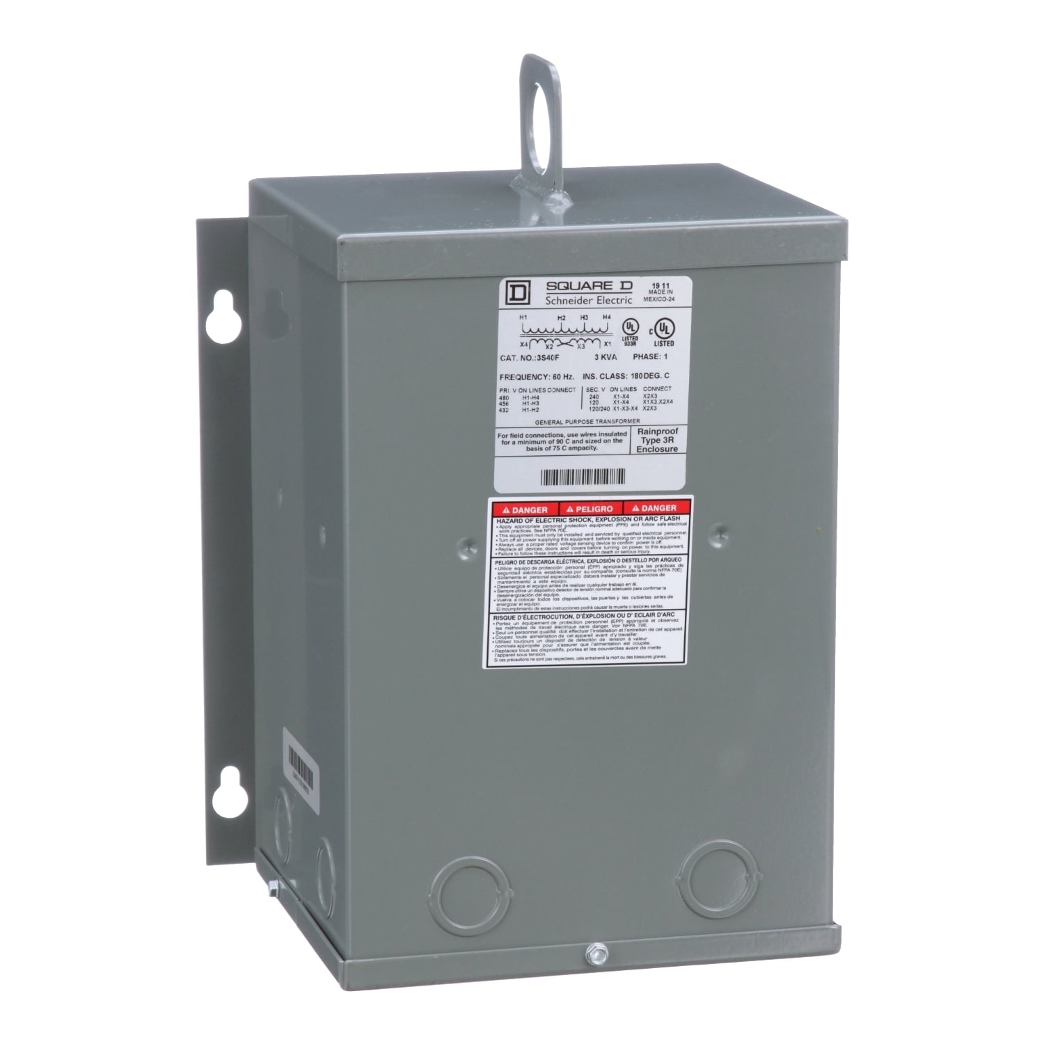 Transformer, dry type, encapsulated, 3kVA, 1 phase, 480V primary, 120/240V secondary, 10A, 115C rise [TAA]