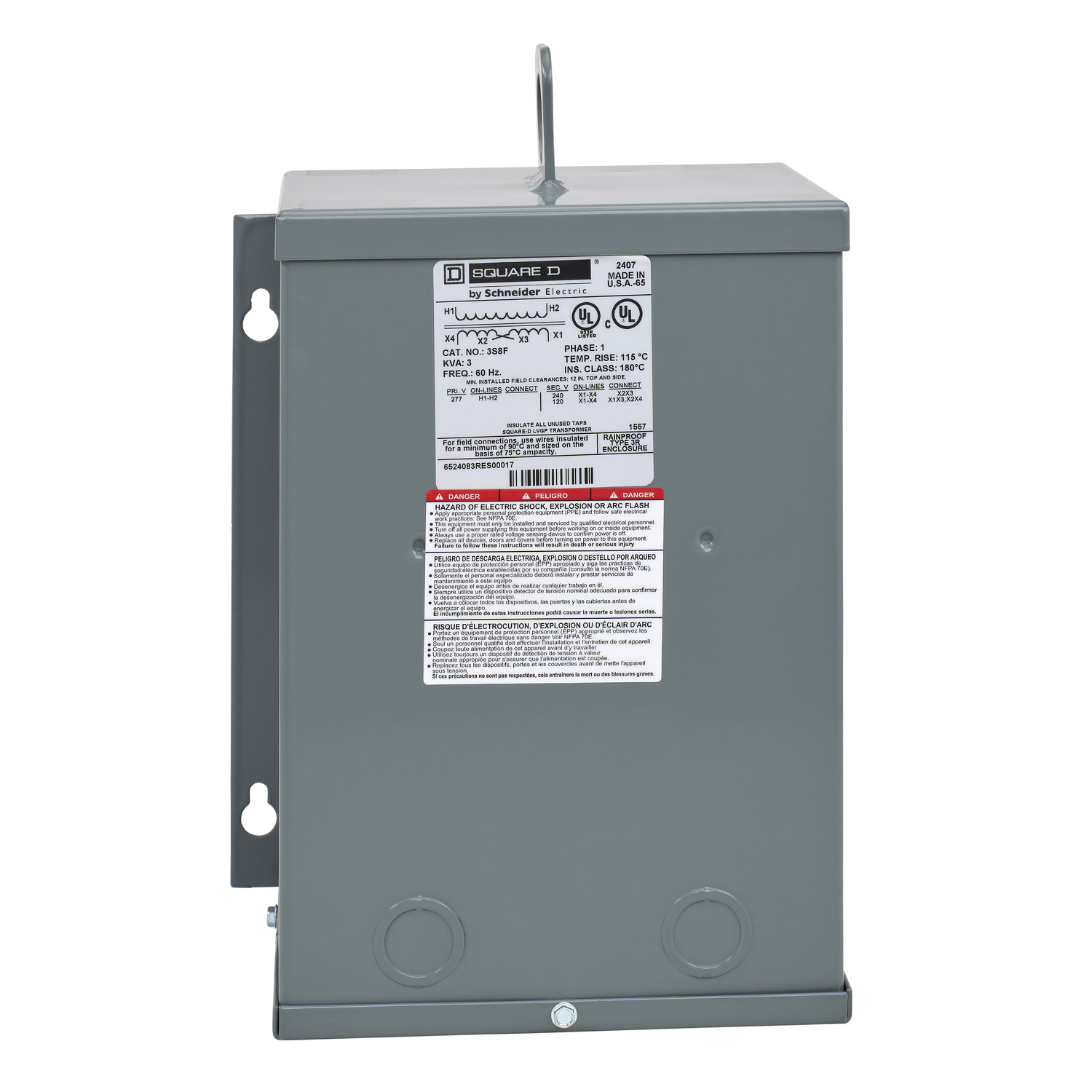Transformer, dry type, encapsulated, 3kVA, 1 phase, 277V primary, 120/240V secondary, 10A, 115C rise [TAA]