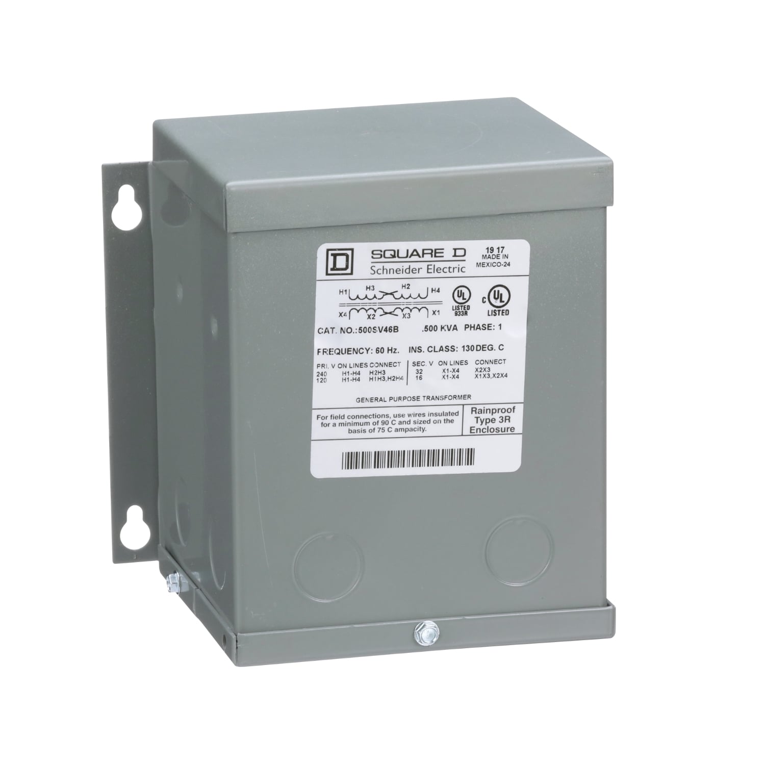 Transformer, buck boost, encapsulated, 0.5kVA, 1 phase, 120x240V primary, 16/32V secondary, NEMA 3R, 80C rise