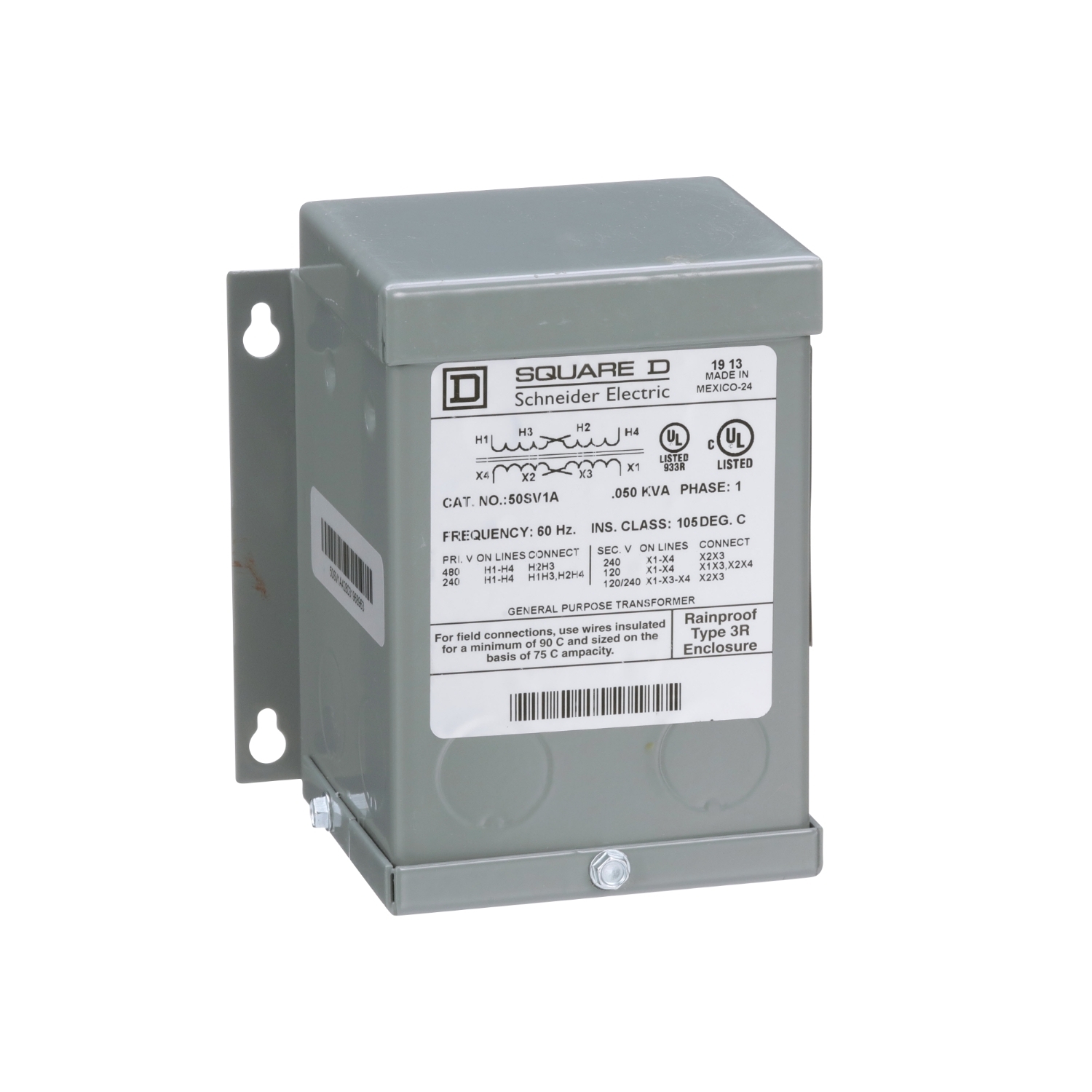 Transformer, dry type, encapsulated, 0.05kVA, 1 phase, 240x480V primary, 120/240V secondary, 1A, 55C rise [TAA]