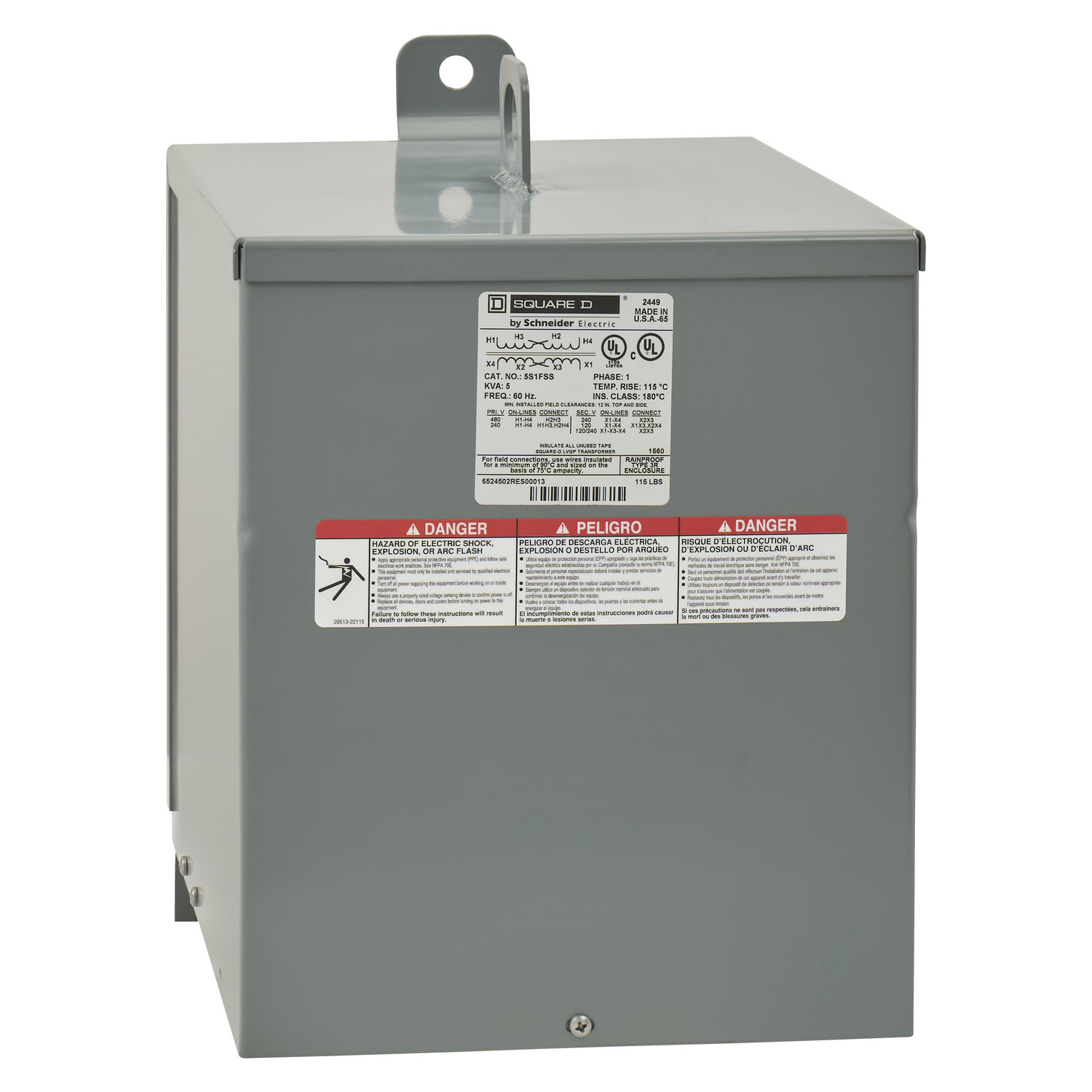 Transformer, dry type, encapsulated, 5kVA, 1 phase, 240x480V primary, 120/240V secondary, 13B, 115C rise [TAA]