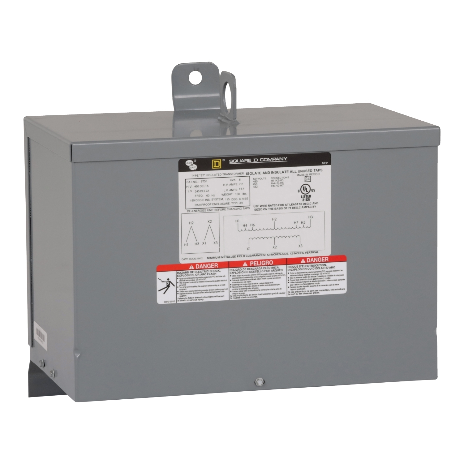 Transformer, dry type, encapsulated, 6kVA, 3 phase, 480V primary, 240V secondary, 12C, 115C rise [TAA]