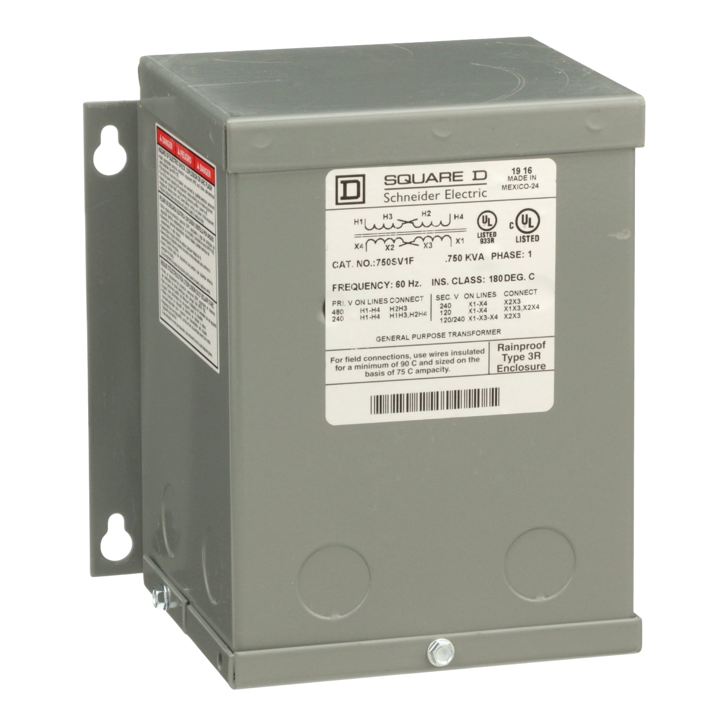 Transformer, dry type, encapsulated, 0.75kVA, 1 phase, 240x480V primary, 120/240V secondary, 6A, 55C rise [TAA]