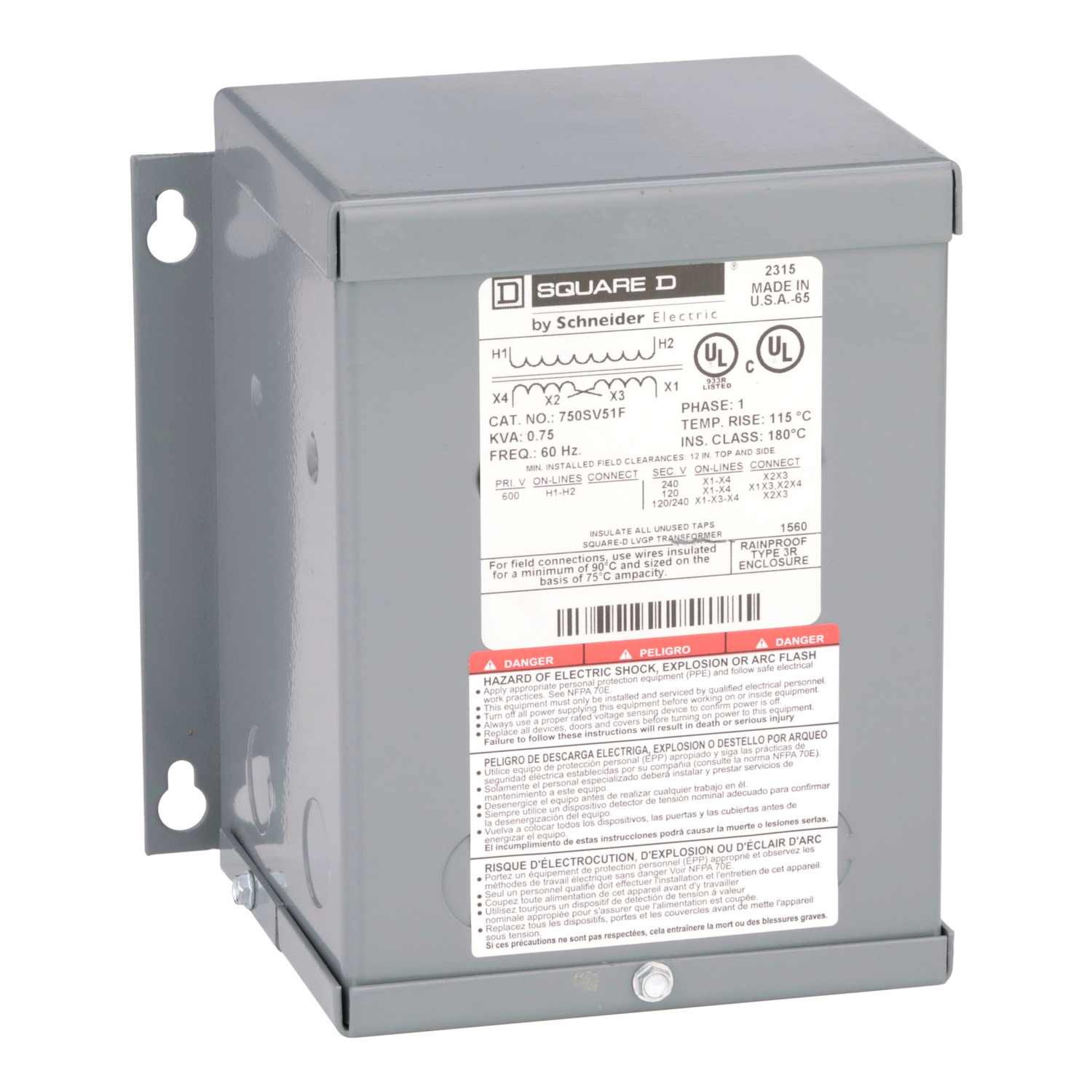 Transformer, dry type, encapsulated, 0.75kVA, 1 phase, 600V primary, 120/240V secondary, 6A, 55C rise [TAA]