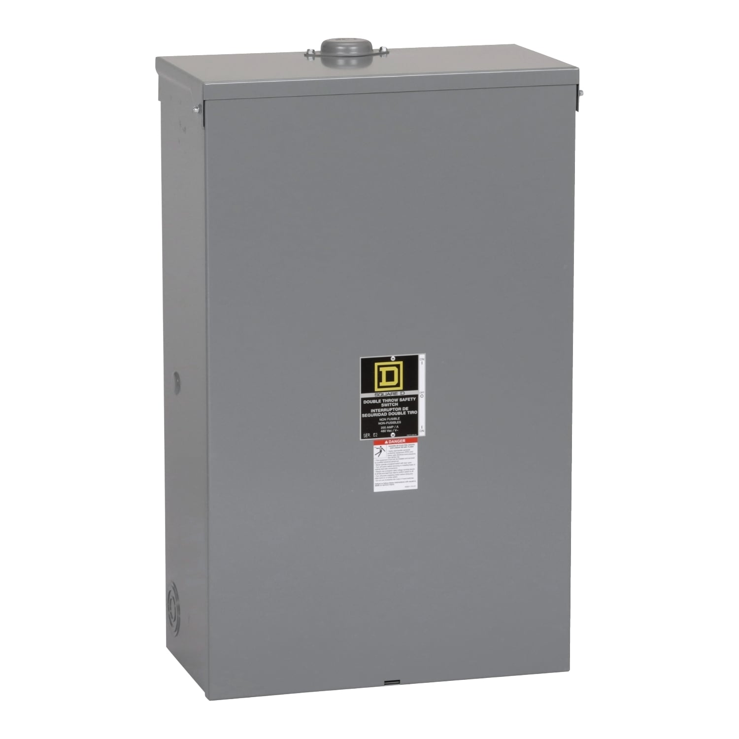 Safety switch, double throw, non fusible, 3 pole, 3 wire, 480VAC, 250VDC, 200A, Type 3R, bolt on hub prov