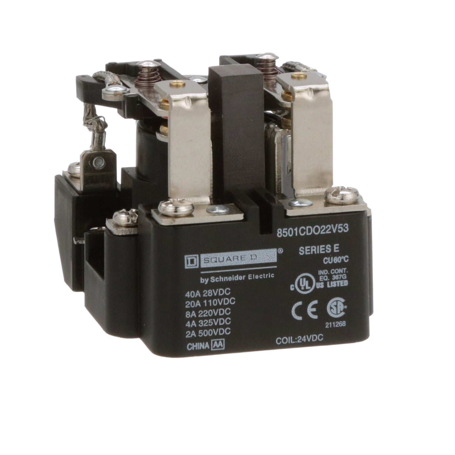 Power Relay, Type C, DPDT, 2 normally open and 2 normally closed contacts, 20A resistive at 110 VDC, 24 VDC coil