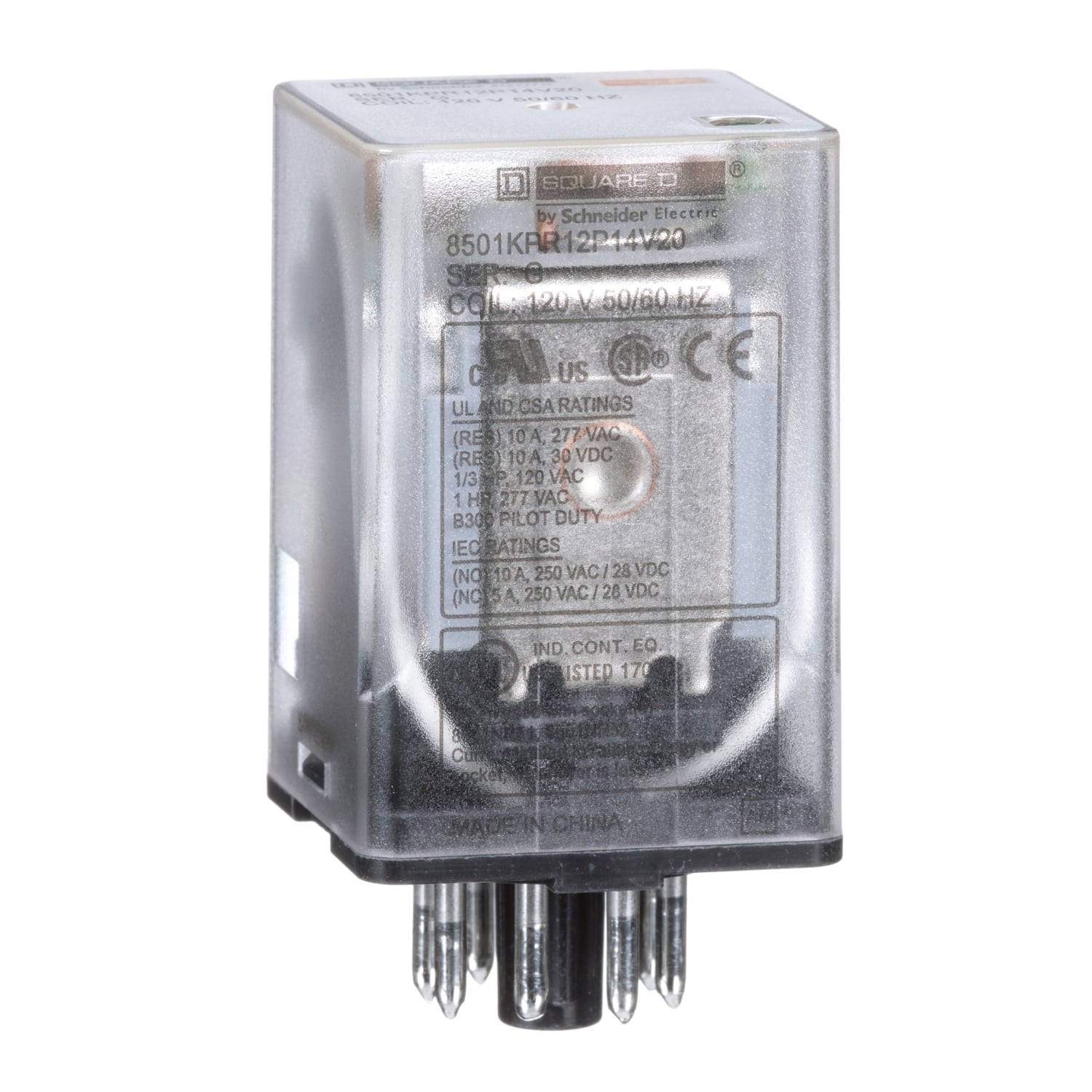 Plug in relay, Type KP, tubular, 1 HP at 277 VAC, 10A resistive at 120 VAC, DPDT, 2 NO, 2 NC, 120 VAC coil, pilot light