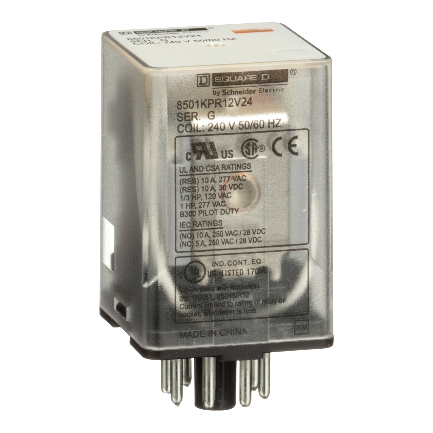 Relay, Harmony 8501K, DPDT, 8 pins, coil, 10A resistive at 120V AC, 240V AC, 1 HP at 277V AC, 2NO + 2NC