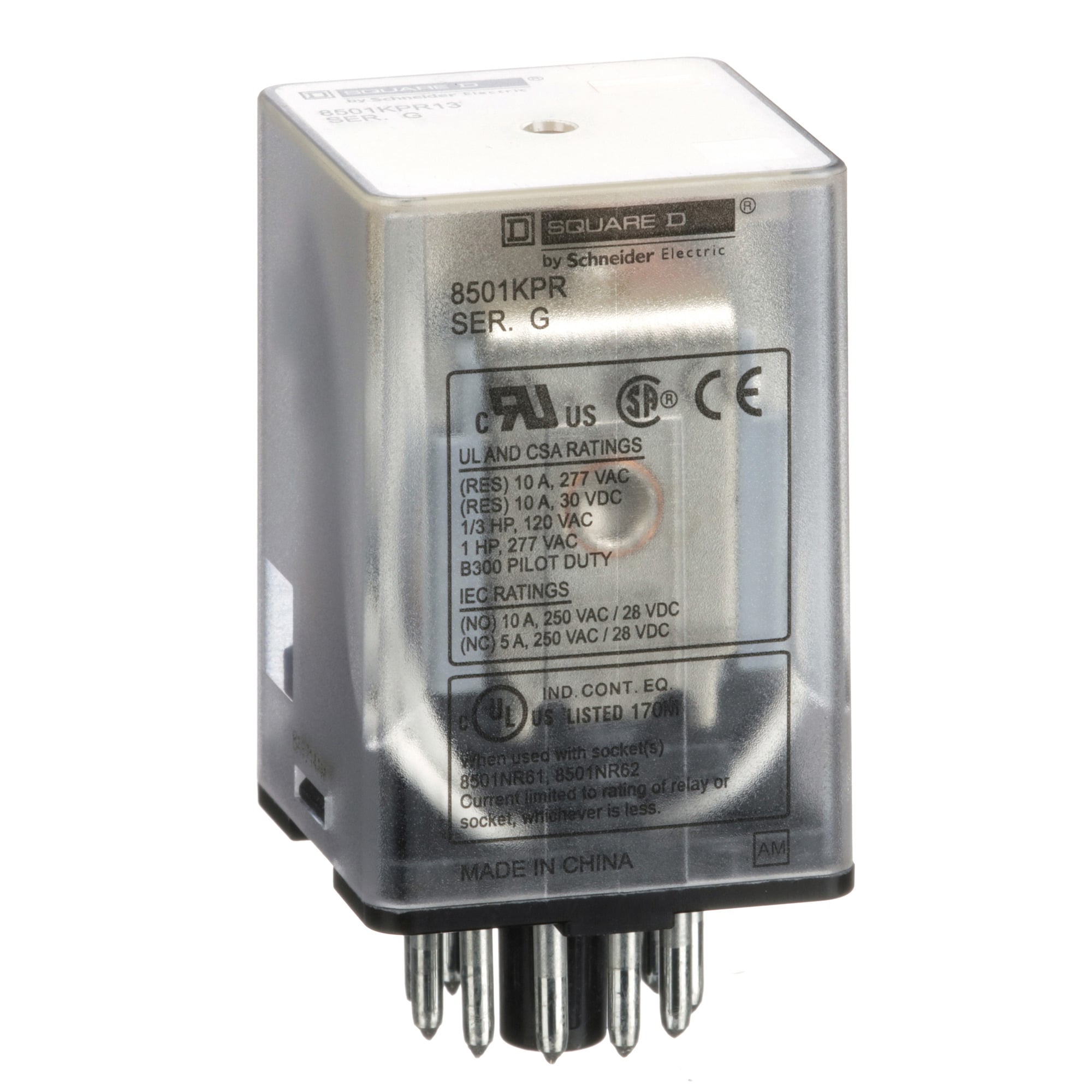 Plug in relay, Type KP, tubular, 1 HP at 277 VAC, 10A resistive at 120 VAC, 11 pin, 3PDT, 3 NO, 3 NC, 240 VAC coil