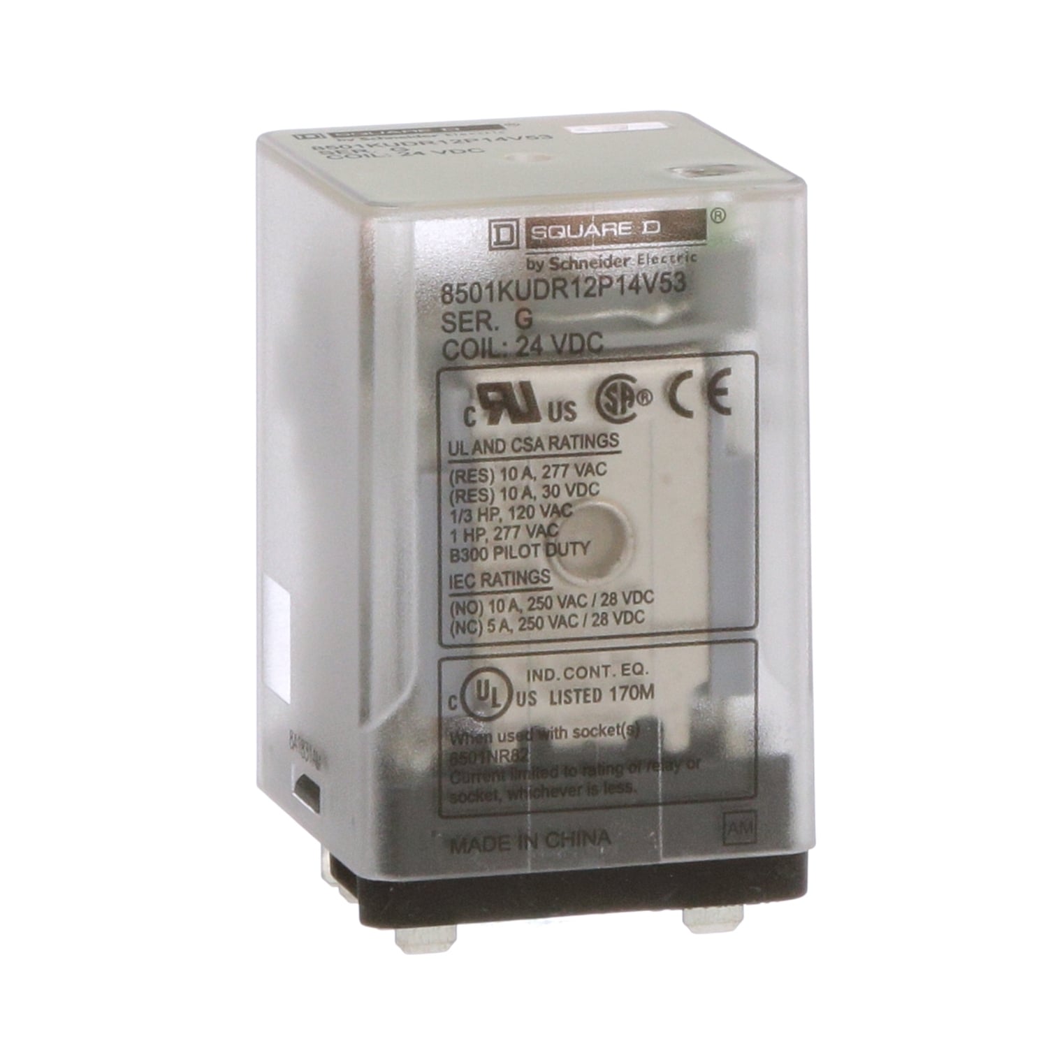 Plug in relay, Type KU, blade, 0.5 HP at 240 VAC, 10A resistive at 120 VAC, 8 blade, DPDT, 2 NO, 2 NC, 24 VDC coil