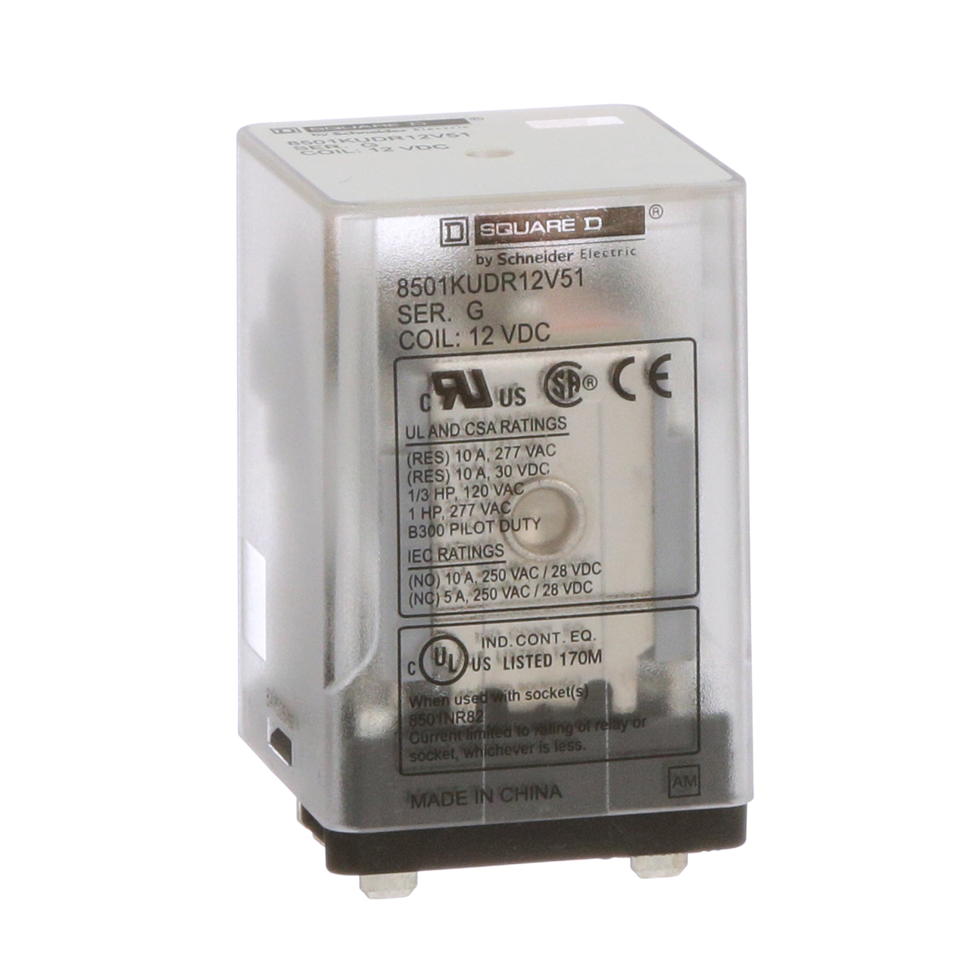 Plug in relay, Type KU, blade, 0.5 HP at 240 VAC, 10A resistive at 120 VAC, 8 blade, DPDT, 2 NO, 2 NC, 12 VDC coil