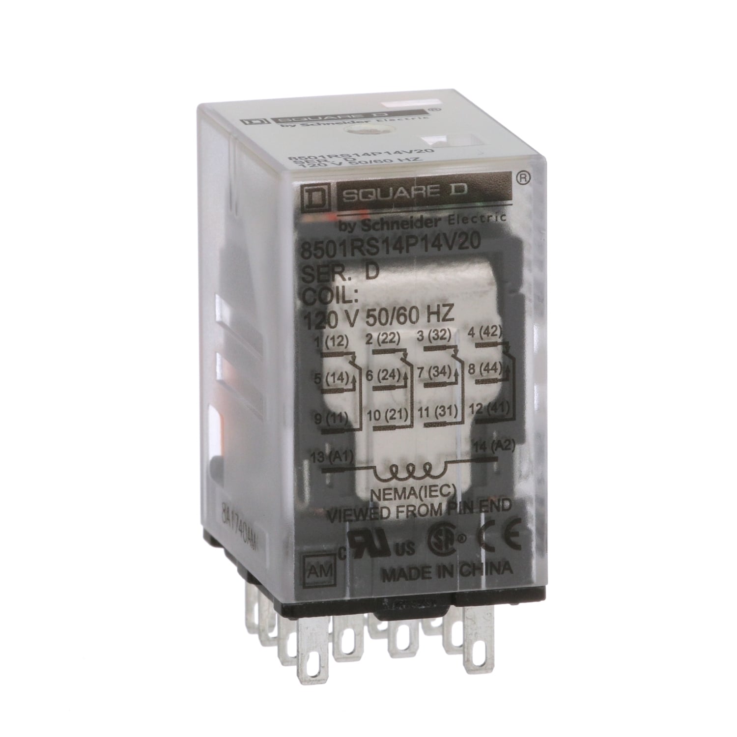 Miniature Relay, Harmony 8501R, low voltage, 4PDT, green LED, socket mounting, 120V AC, 4NO+ 4NC