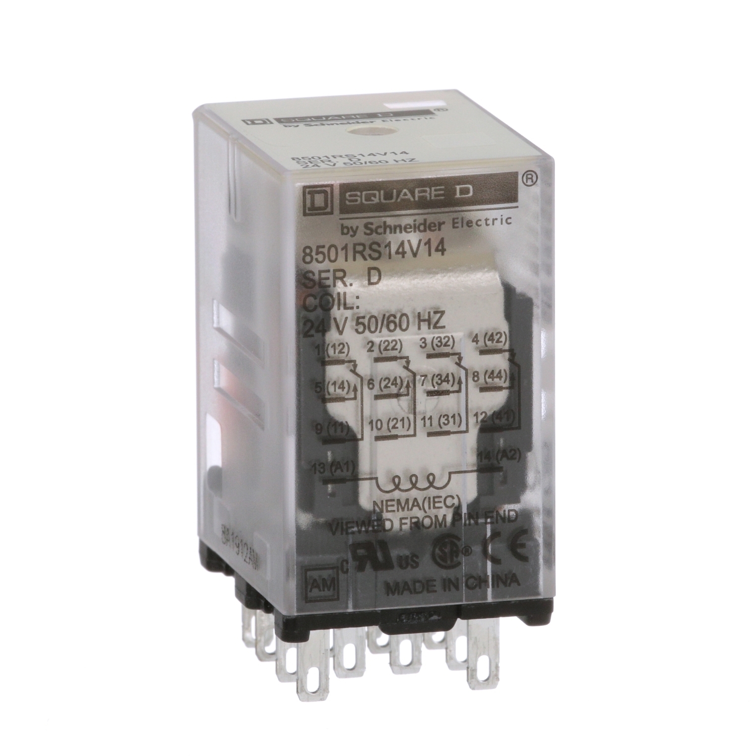 Plug in relay, Type R, miniature, 0.5 HP at 277 VAC, 8A resistive at 120 VAC, 14 blade, 4PDT, 4 NO, 4 NC, 24 VAC coil