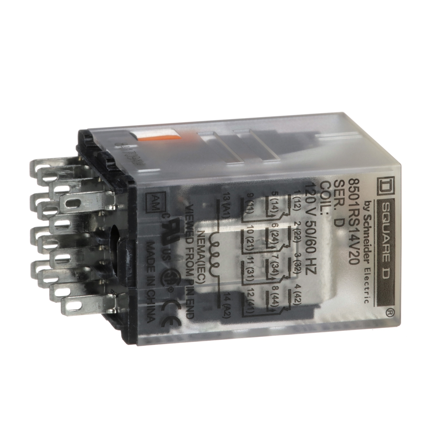 Miniature Relay, Harmony 8501R, low voltage, hermetically sealed, 4PDT, 14 blades, 8A at 120V AC, coil, 0.5HP at 277V AC, 120V AC, 4NO+ 4NC