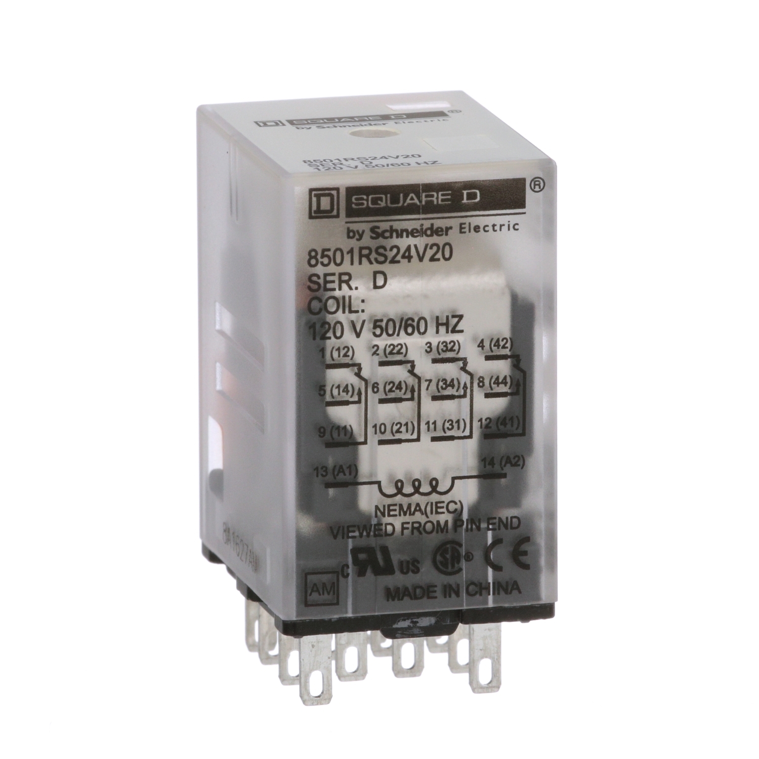 Plug in relay, Type R, miniature, 0.167 HP at 120 VAC, 3A resistive at 277 VAC, 14 blade, 4PDT, 4 NO, 4 NC, 120 VAC coil