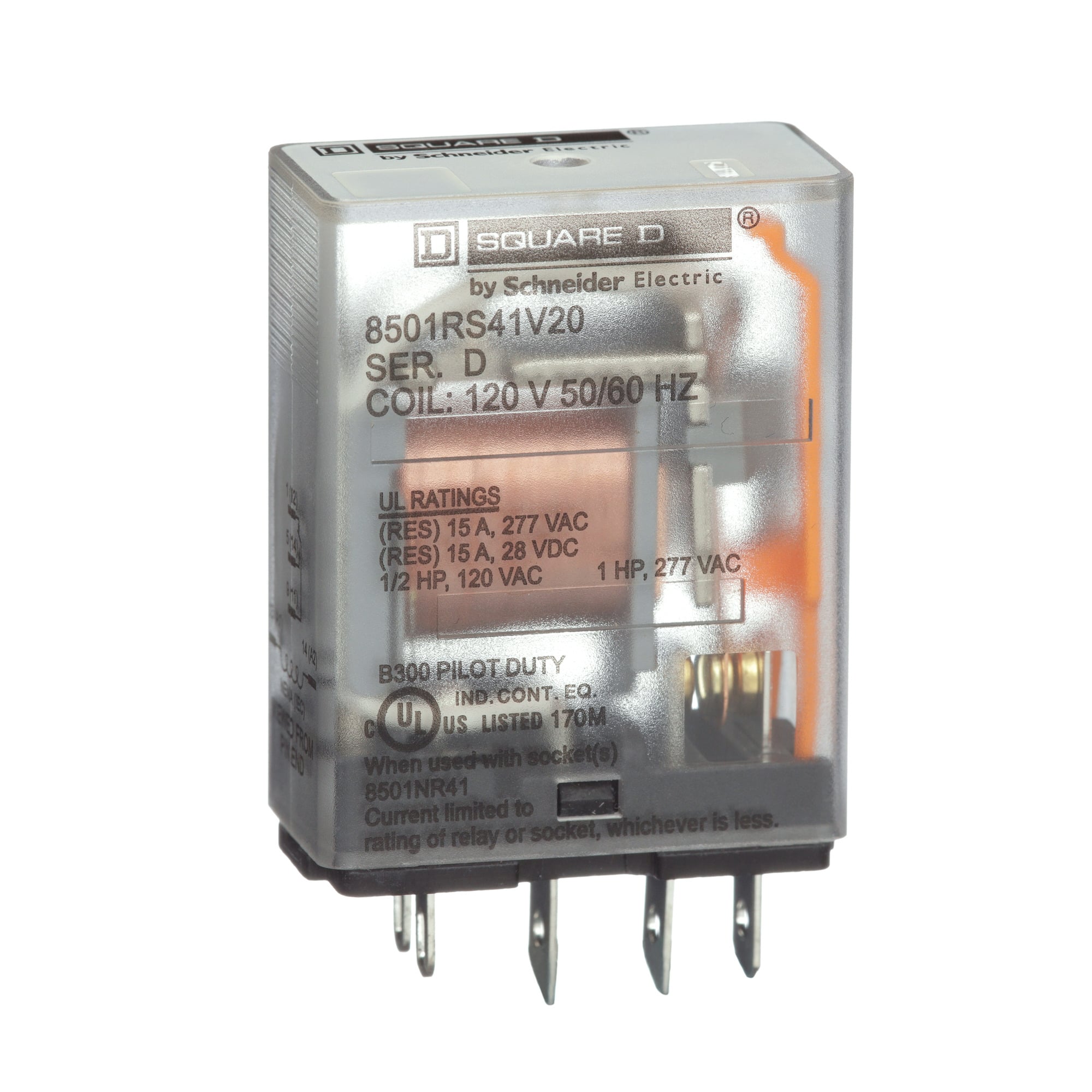 Square D,RELAY 240VAC 12AMP TYPE R +OPTIONS,-40F to 158F,10A (240Vac) - 15A (120Vac),120Vac,Miniature - Standard Relay,Pick-Up 20ms(max) Drop-Out 20ms(max),SPDT,Spade,UL Listed File E3190 CCN NLDX, NLDX2, NLDX7, NLDX8 (when used with the appropriate 8501NR socket) - CSA Certified File 260367 Class 3211 07 - CE Marked - RoHS,standard