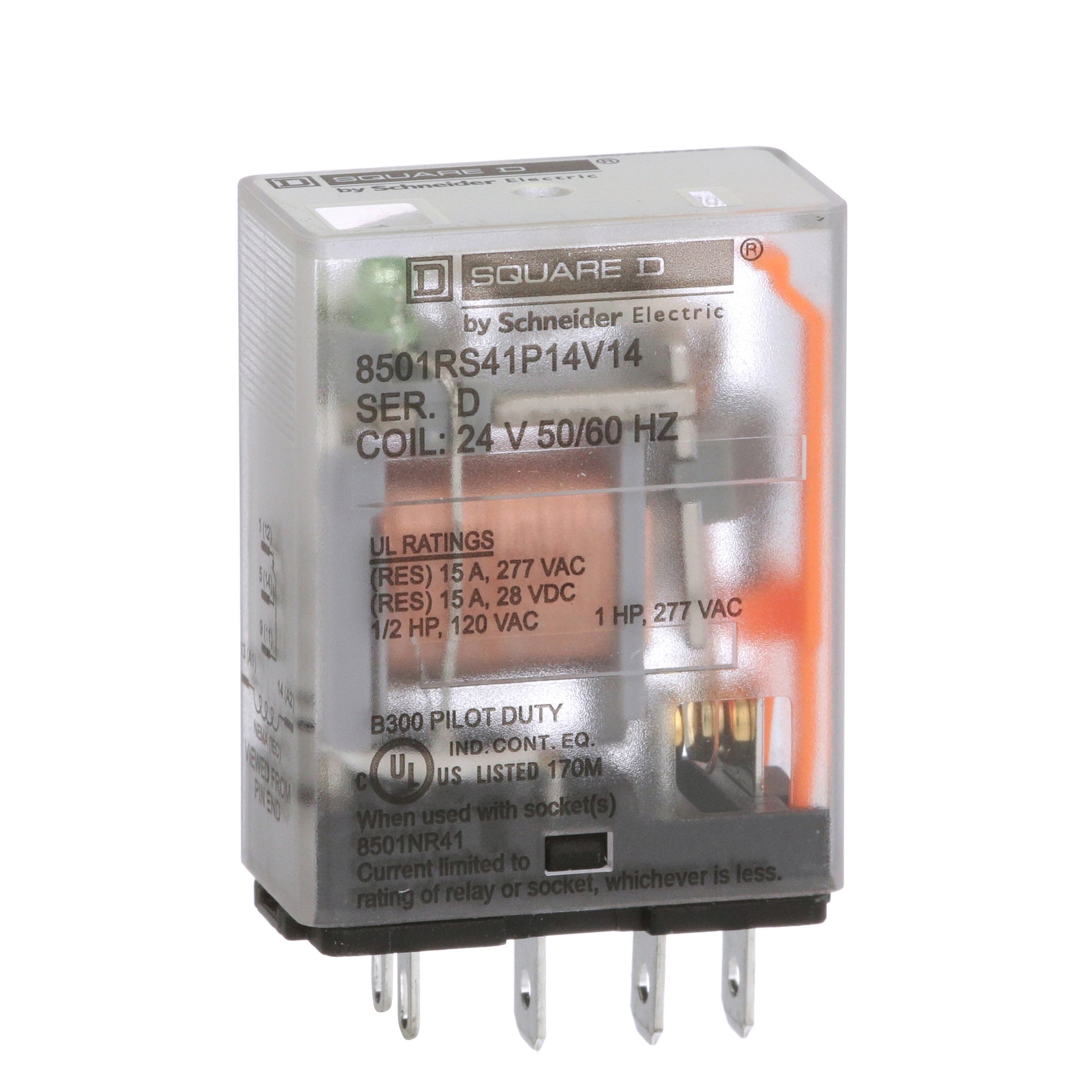 Plug in relay, Type R, miniature, 1 HP at 277 VAC, 15A resistive at 120 VAC, 5 blade, SPDT, 1 NO, 1 NC, 24 VAC coil