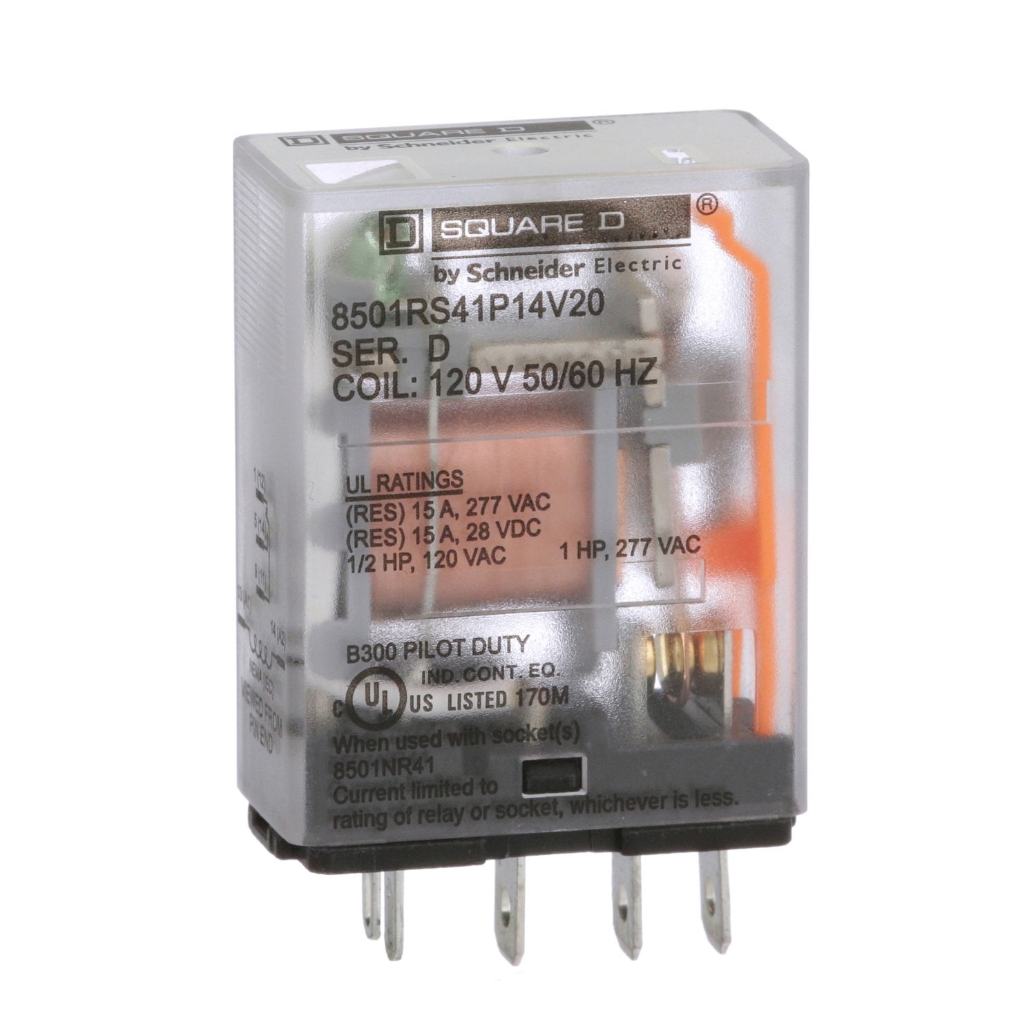 Plug in relay, Type R, miniature, 1 HP at 277 VAC, 15A resistive at 120 VAC, 5 blade, SPDT, 1 NO, 1 NC, 120 VAC coil