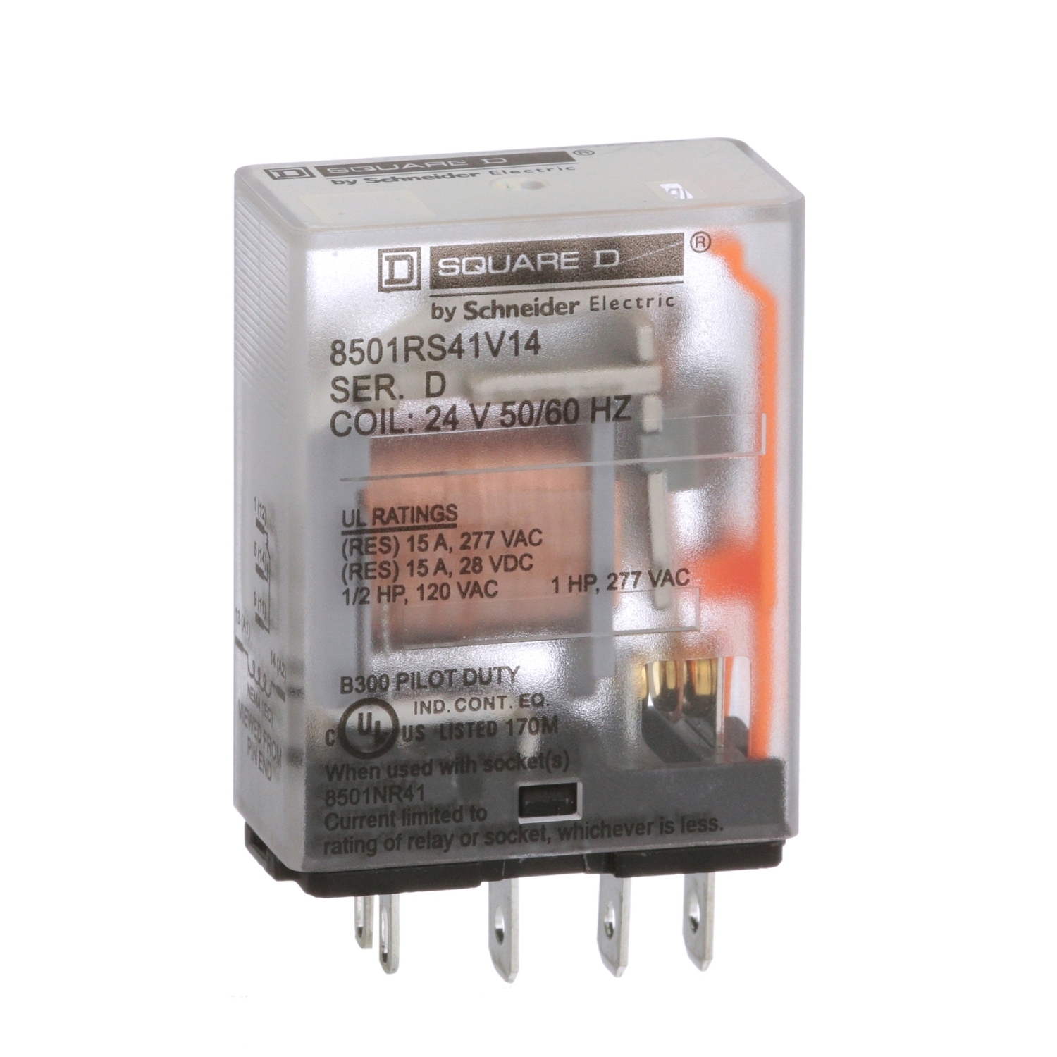 Plug in relay, Type R, miniature, 1 HP at 277 VAC, 15A resistive at 120 VAC, 5 blade, SPDT, 1 NO, 1 NC, 24 VAC coil
