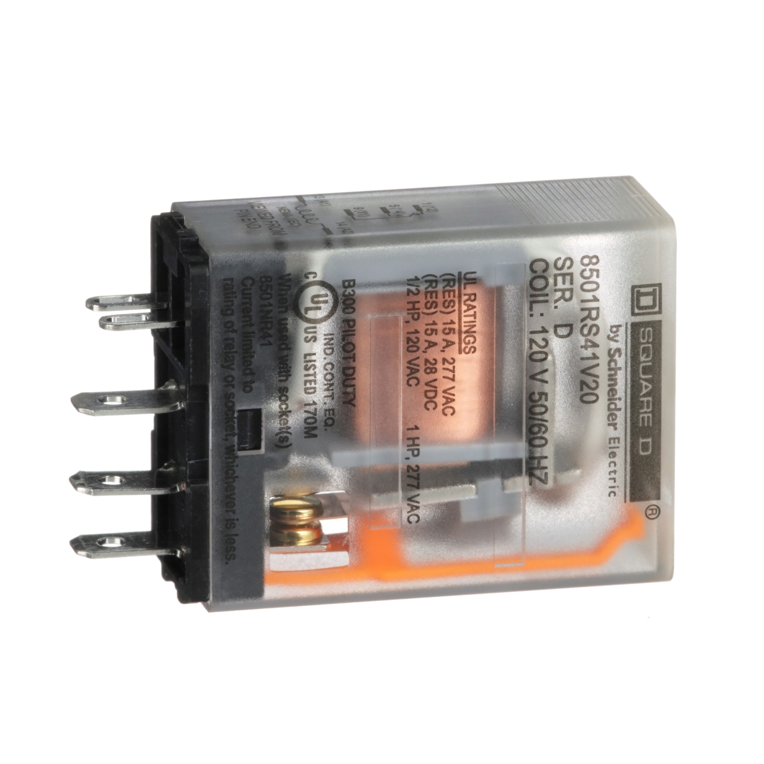 Miniature Relay, Harmony 8501R, SPDT, 5 blades, coil, 15A resistive at 120V AC, 1HP at 277V AC, 120V AC, 1NO+ 1NC