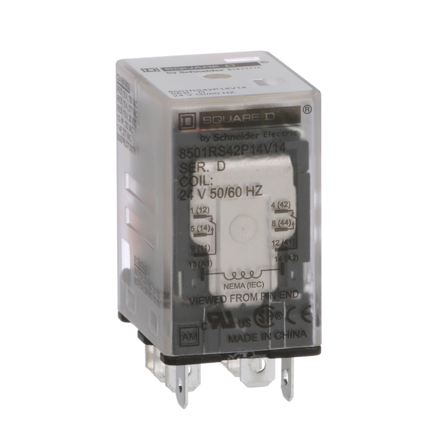 Plug in relay, Type R, miniature, 1 HP at 277 VAC, 15A resistive at 120 VAC, 8 blade, DPDT, 2 NO, 2 NC, 24 VAC coil
