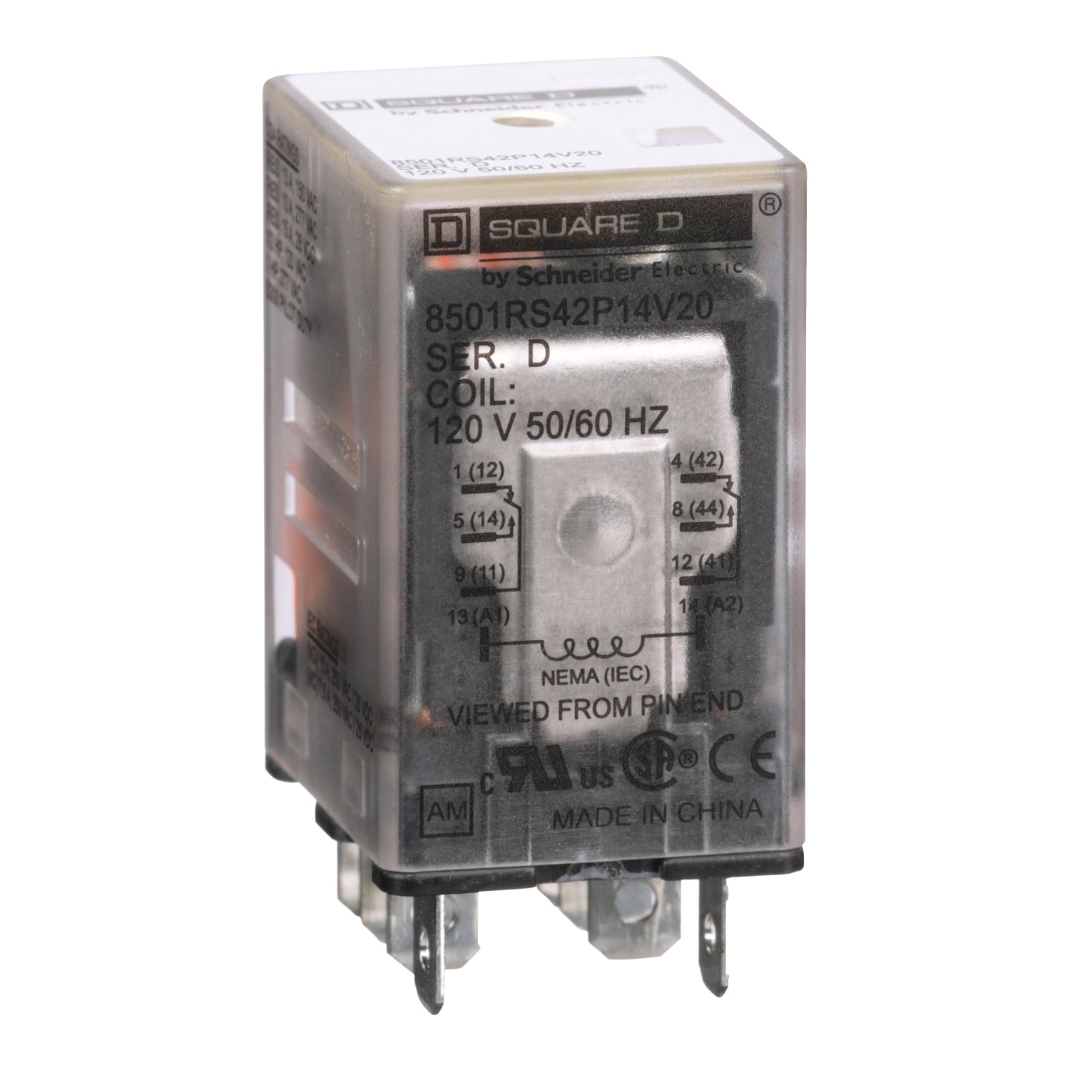 Plug in relay, Type R, miniature, 1 HP at 277 VAC, 15A resistive at 120 VAC, 8 blade, DPDT, 2 NO, 2 NC, 120 VAC coil