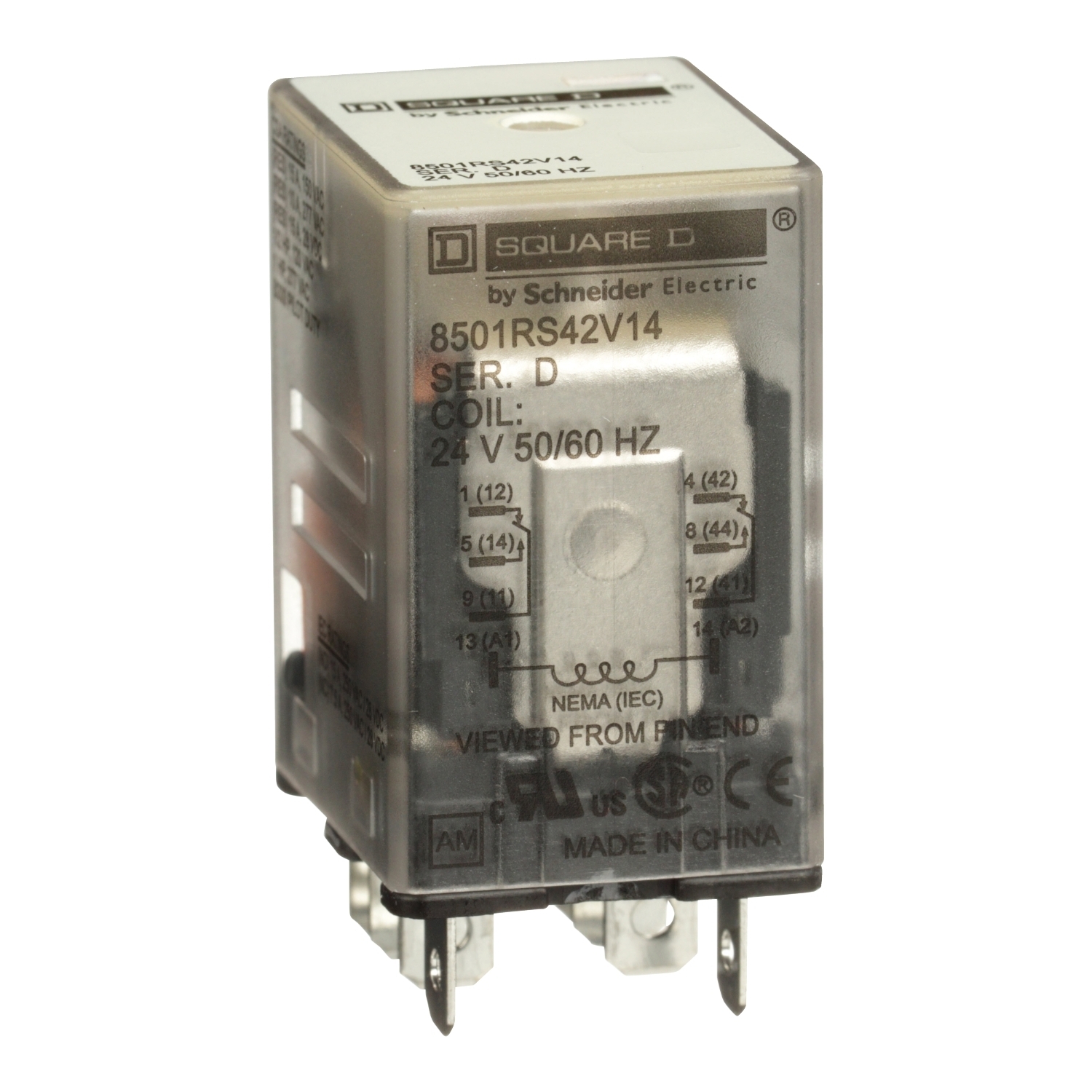 Miniature Relay, Harmony 8501R, SPDT, 8 blades, coil, 15A resistive at 120V AC, 1HP at 277V AC, 24V AC, 2NO + 2NC
