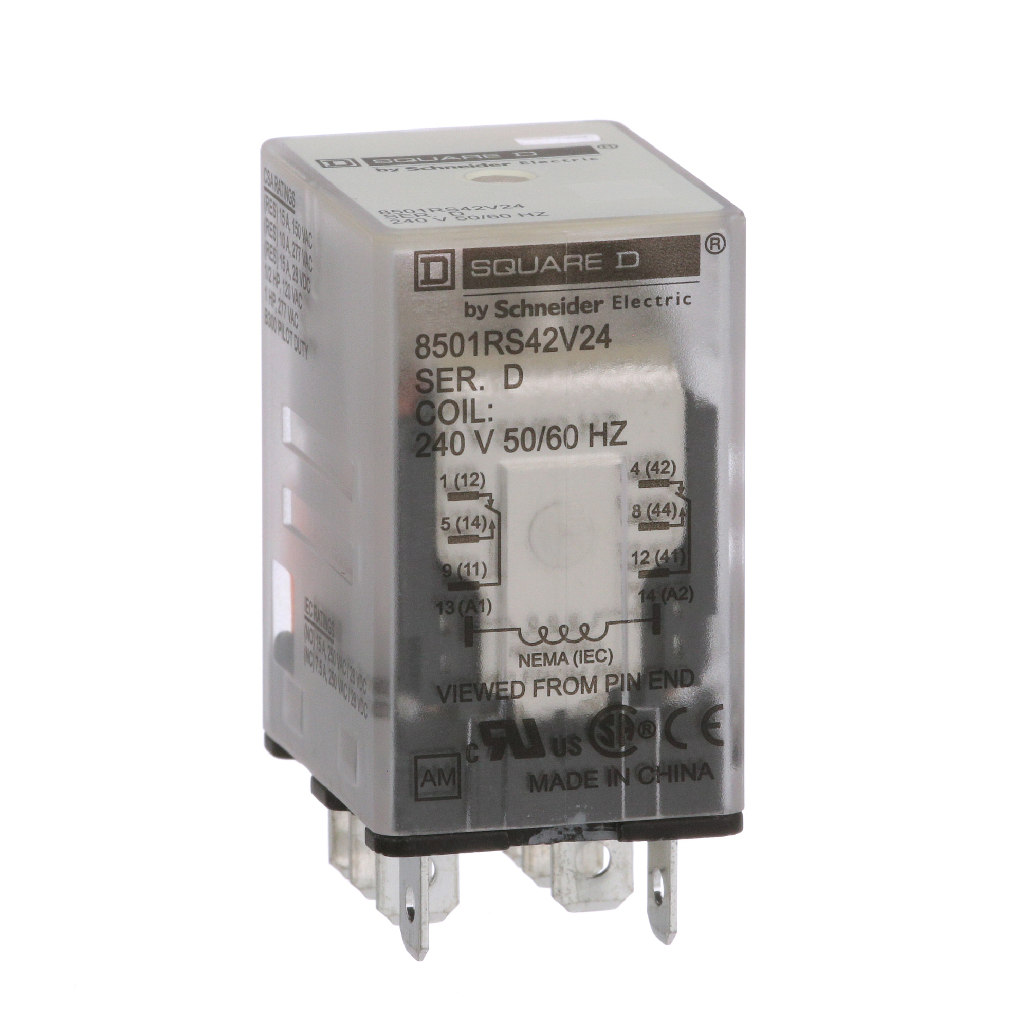 Plug in relay, Type R, miniature, 1 HP at 277 VAC, 15A resistive at 120 VAC, 8 blade, DPDT, 2 NO, 2 NC, 240 VAC coil