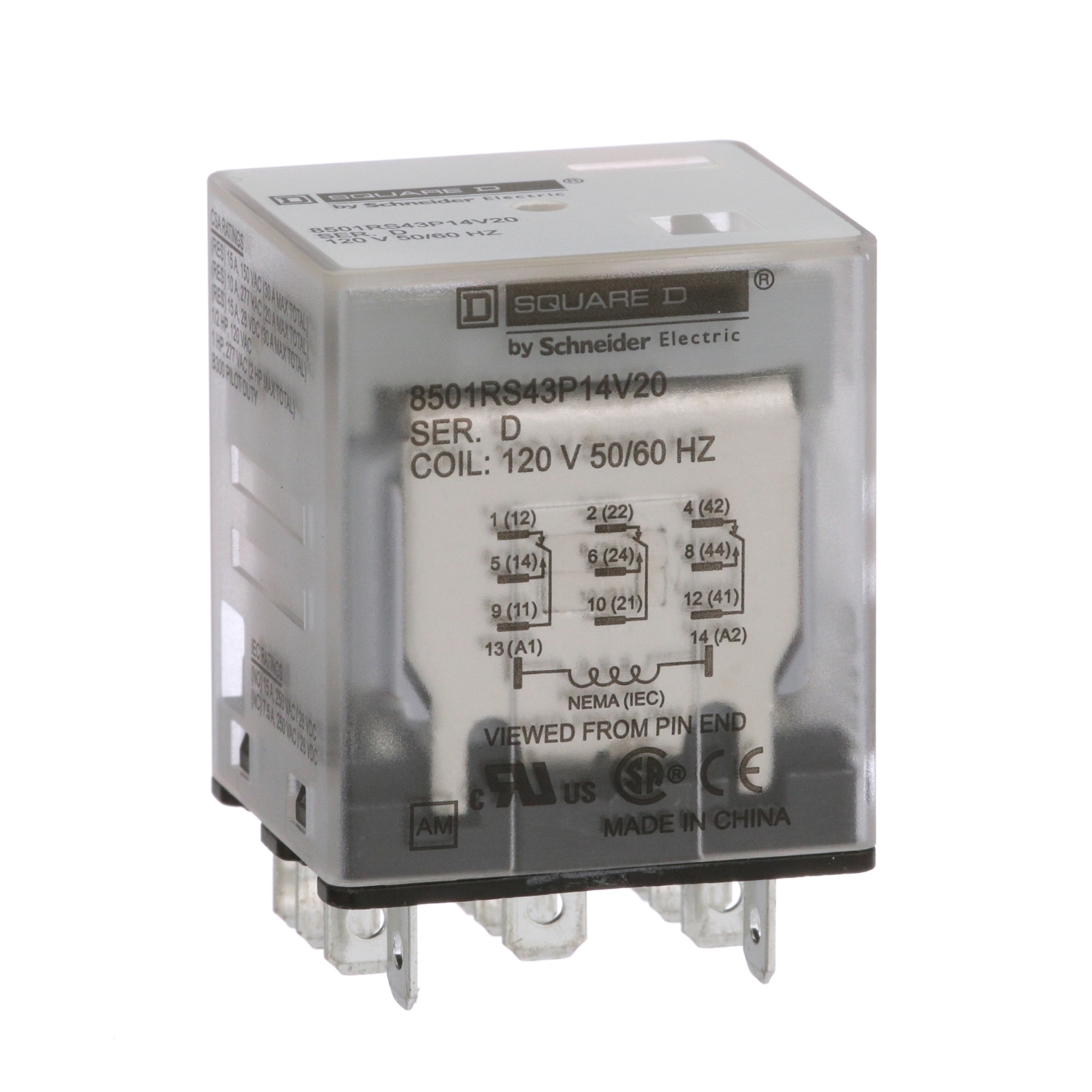 Plug in relay, Type R, miniature, 1 HP at 277 VAC, 15A resistive at 120 VAC, 11 blade, 3PDT, 3 NO, 3 NC, 120 VAC coil