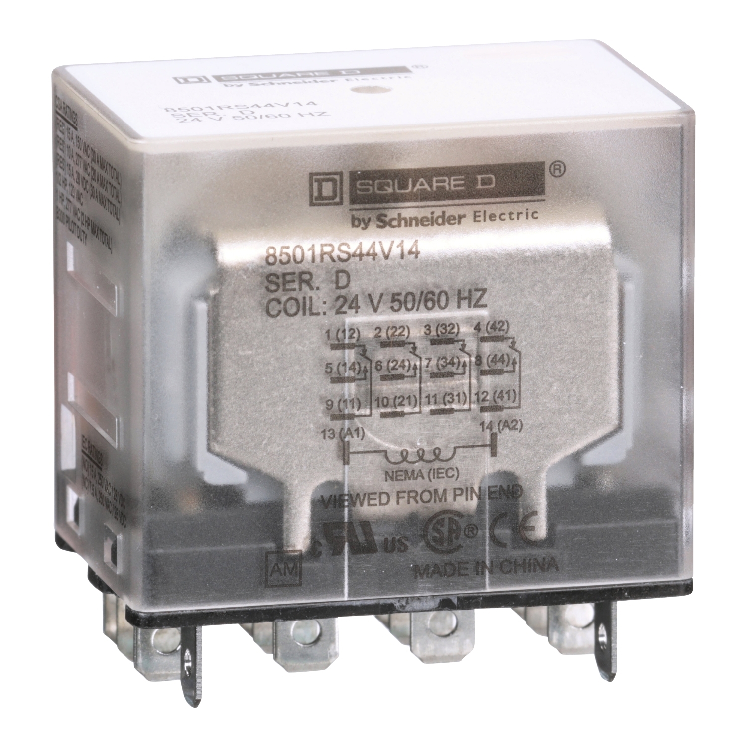 Plug in relay, Type R, miniature, 1 HP at 277 VAC, 15A resistive at 120 VAC, 14 blade, 4PDT, 4 NO, 4 NC, 24 VAC coil