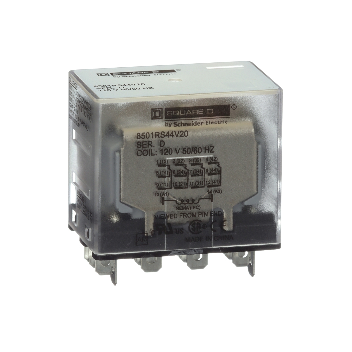 Plug in relay, Type R, miniature, 1 HP at 277 VAC, 15A resistive at 120 VAC, 14 blade, 4PDT, 4 NO, 4 NC, 120 VAC coil